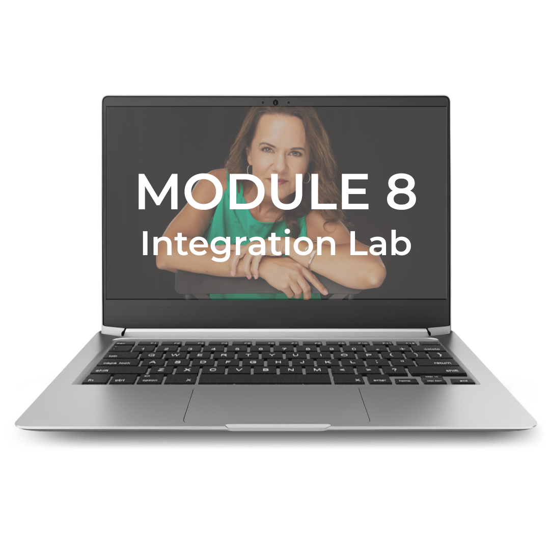 Open laptop displaying a woman with curly hair wearing a green top, with text 'MODULE 8 Integration Lab' overlaid on the screen.