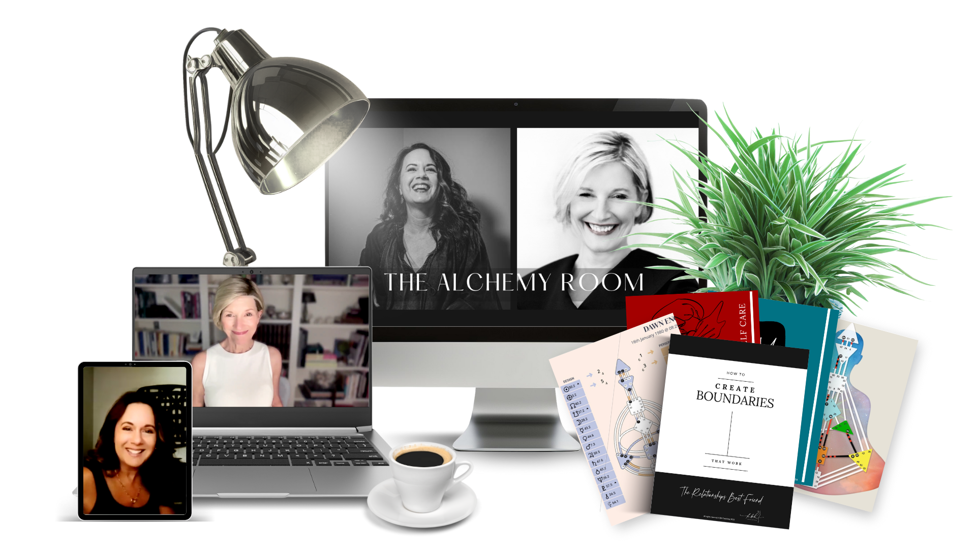A computer screen displaying two women, with the text "The Alchemy Room." In front of the screen are three video call windows showing three women, a laptop, a cup of coffee, books, a potted plant, and a desk lamp.