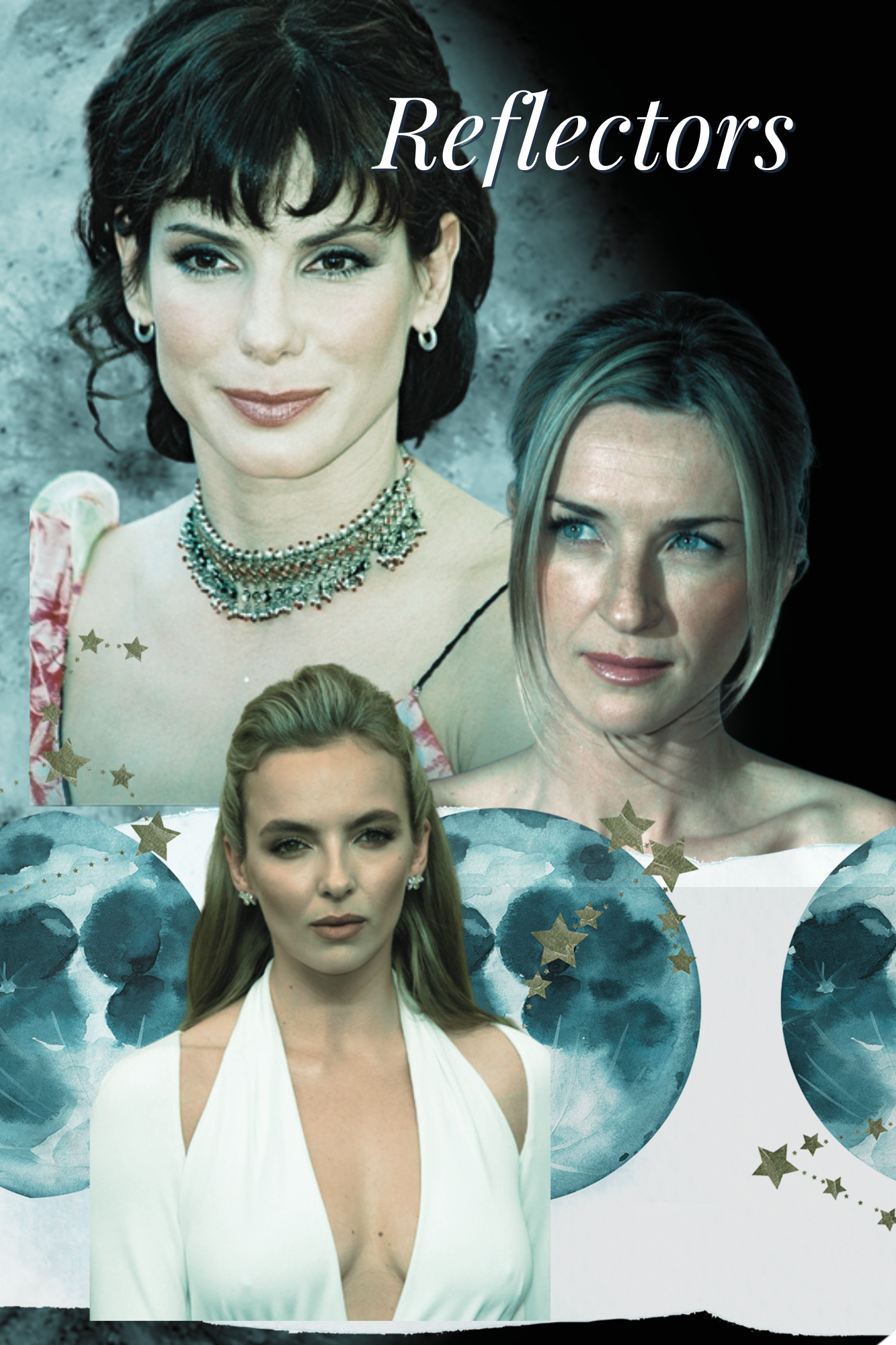 A collage featuring three women, with the word 'Reflectors' written on it. The women are styled elegantly, with various backgrounds including abstract watercolor circles and star decorations.