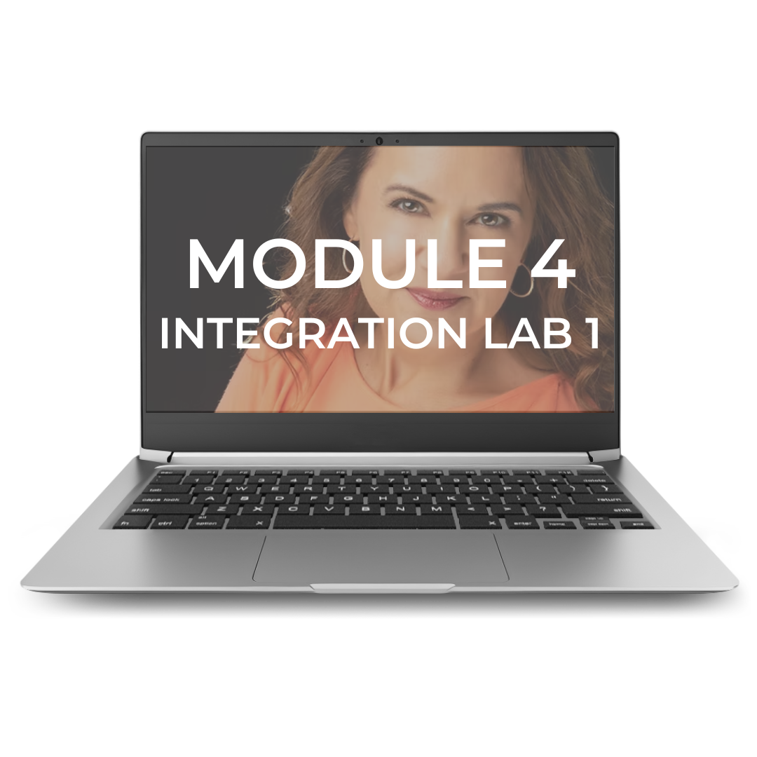 Open laptop with a woman smiling on the screen, displaying text 'Module 4 Integration Lab 1'.