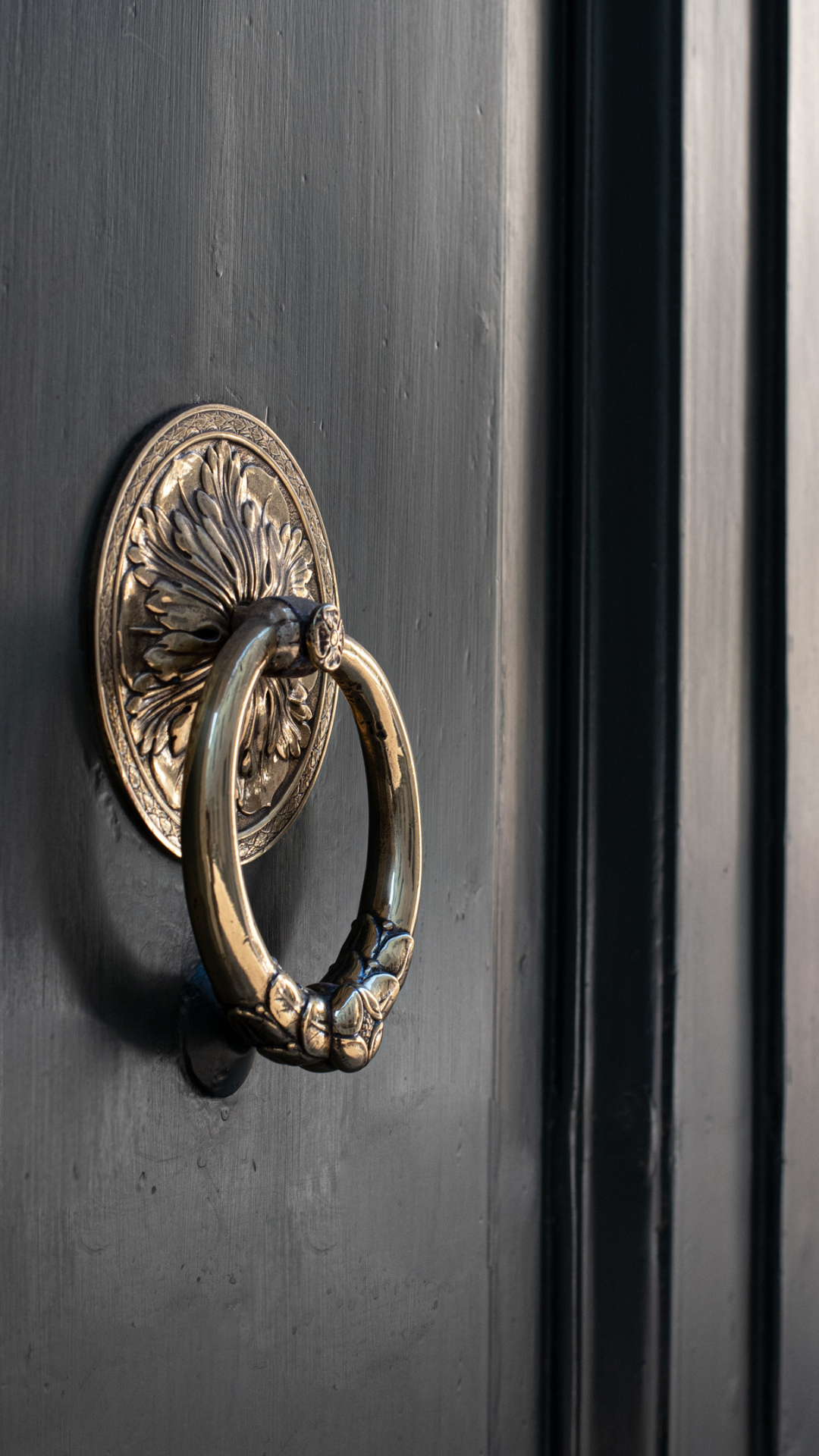 Close-up of a black door with a decorative brass door knocker featuring a circular backplate with floral design and a ring handle.