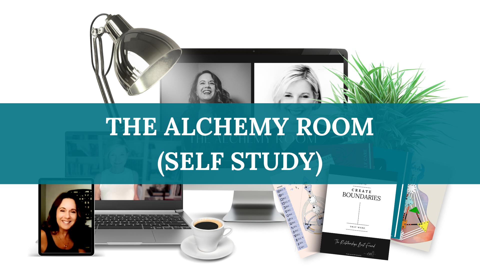 A computer monitor displaying a video call with smiling women, a laptop with a woman on the screen, a cup of coffee, a potted plant, and books, with a teal banner overlay that reads 'The Alchemy Room (Self Study).'