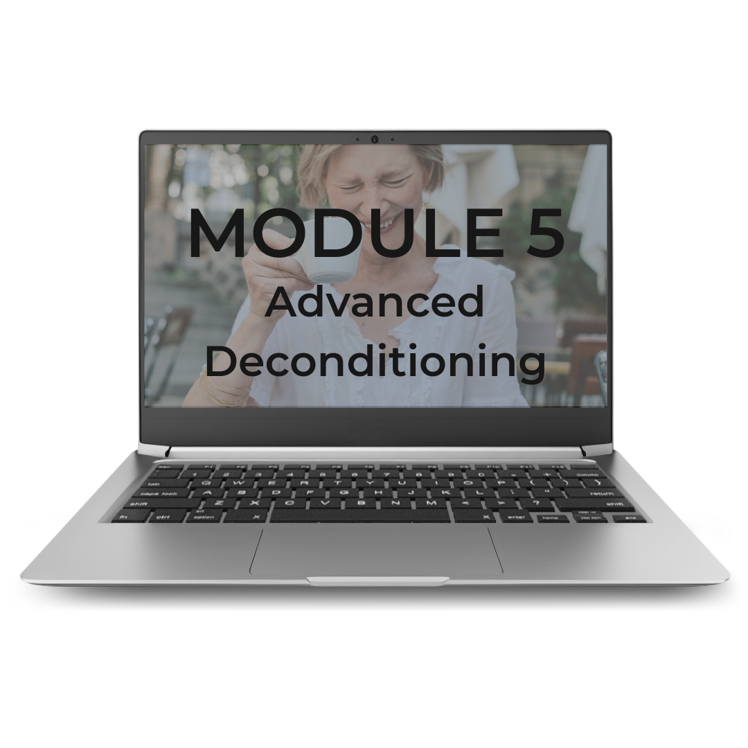 Laptop screen displaying a woman laughing and holding a coffee cup, with the text 'MODULE 5 Advanced Deconditioning' overlaid.