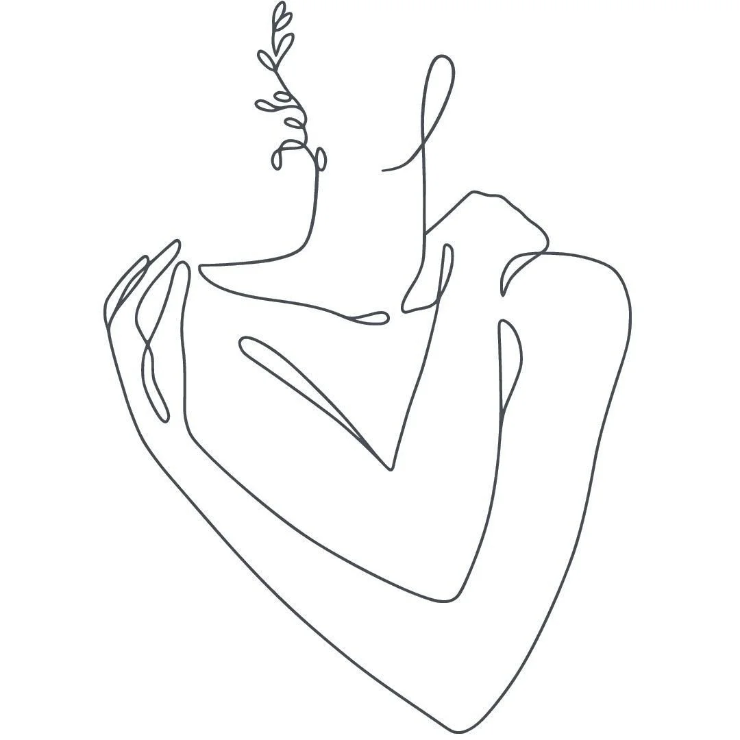 Line drawing of a person with medium-length hair, holding a plant, and experiencing emotion.
