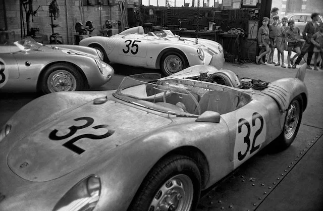 Spyders in Porsche Garage, Teloche, France, 1958