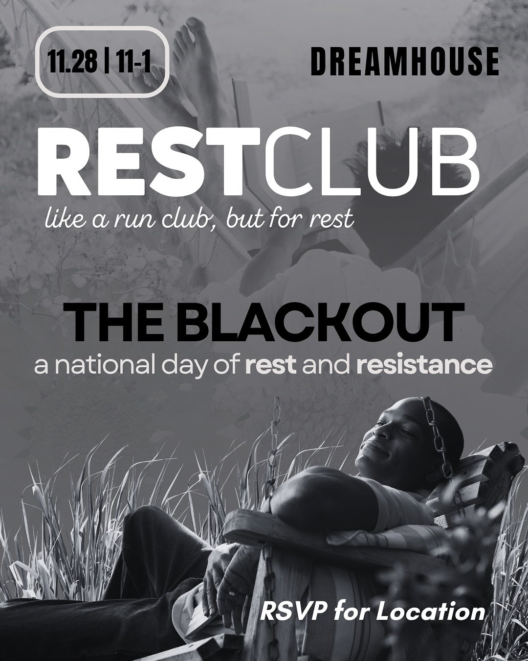 RestClub returns for THE BLACKOUT. 

We&rsquo;re calling for a #NationalDayOfRest on November 28th. 

Join us in New Orleans for our second RestClub 11.28.25 11:00-1:00 on the Lafitte Greenway. 

If you&rsquo;re a space holder, wellness warrior, and/