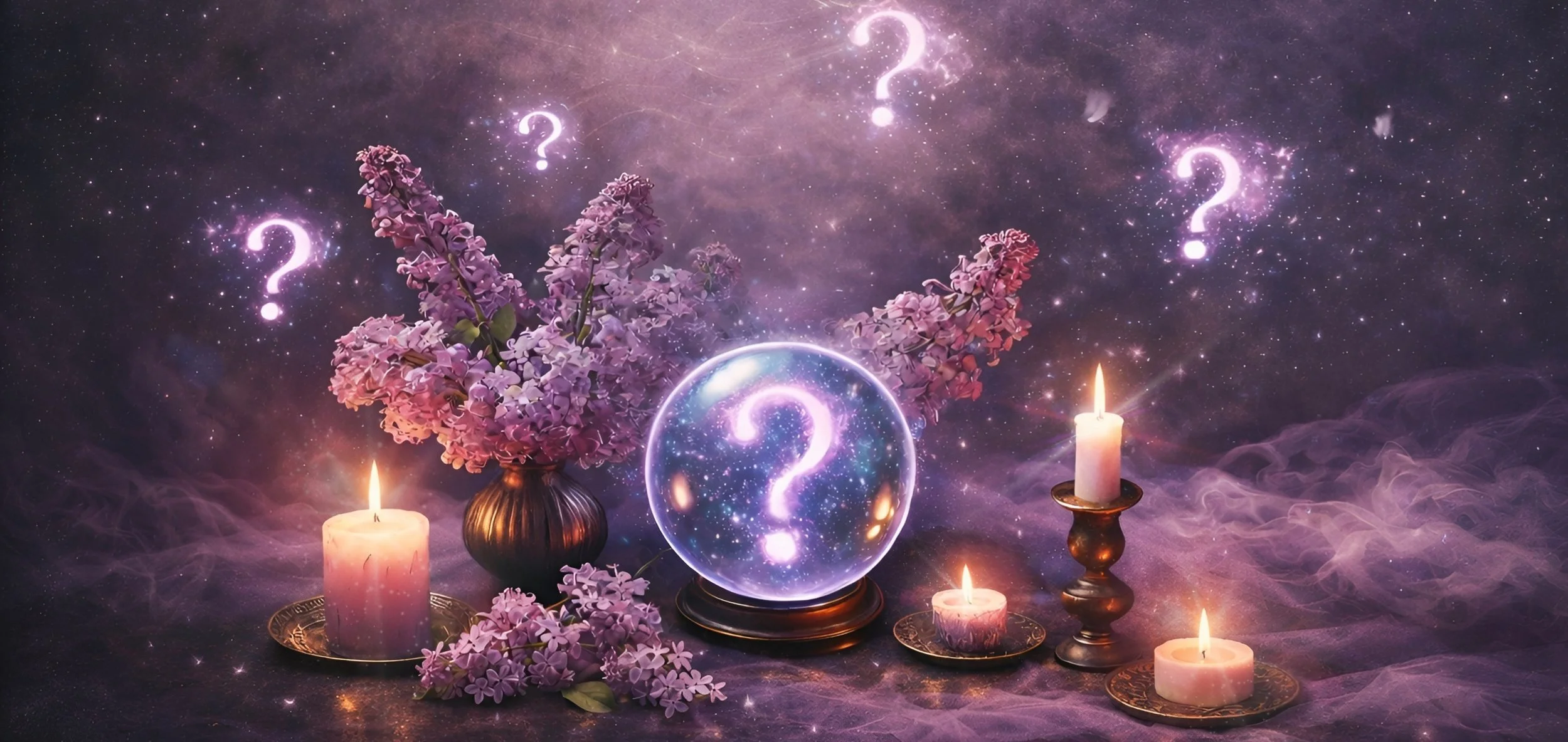 Enchanted crystal ball with lilac flowers, candles, and swirling purple mist in a magical witch-inspired setting, ready to answer your questions.