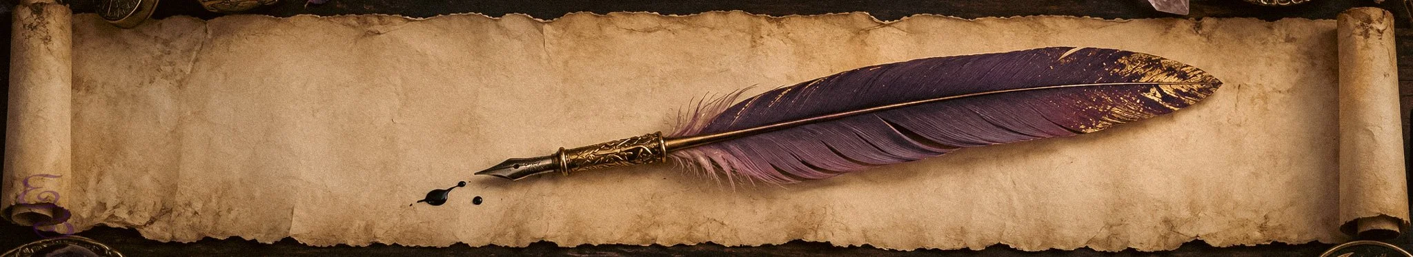 A vintage witch’s desk featuring an antique parchment scroll, lilac-and-gold feather quill, ink pot, candlelight, crystals, and elegant scholarly details.
