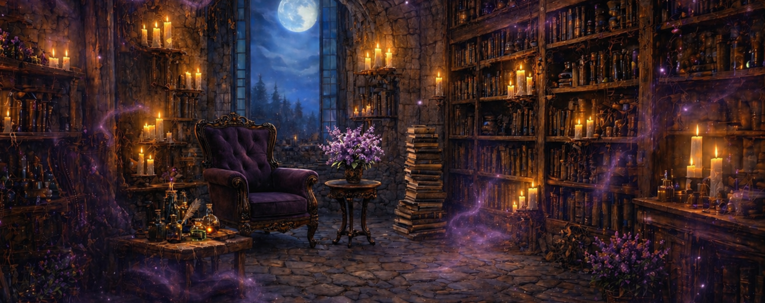 An elegant candlelit witchy reading room with antique books, lilac accents, and soft moonlight in a magical Elena Enchanted atmosphere.