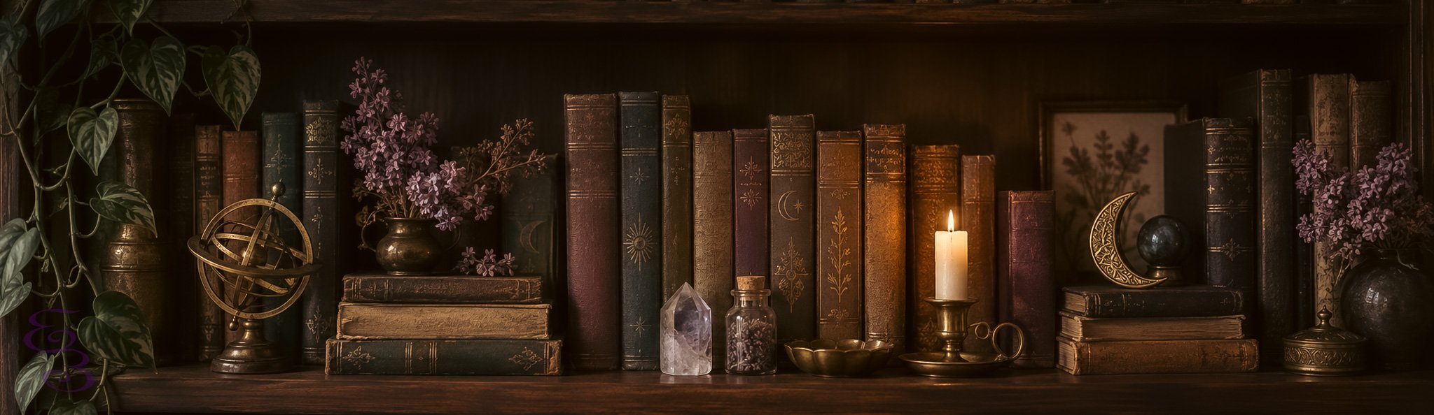 A vintage witch’s bookshelf filled with antique books, lilacs, trailing greenery, crystals, celestial treasures, and elegant brass accents in a luxurious scholarly setting.