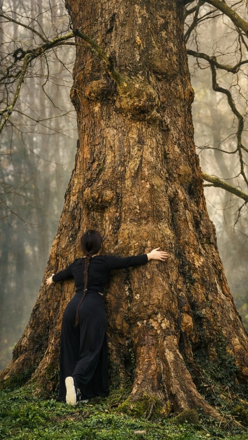 Elena Enchanted embracing a tree in nature, connecting with earth energy and her spiritual practice.