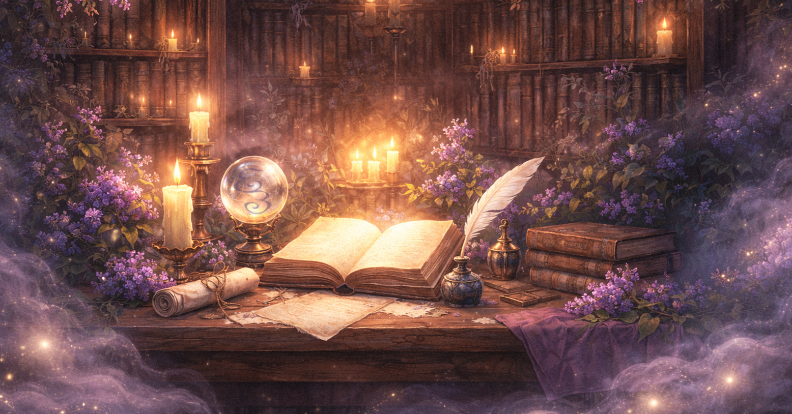 Enchanting witchcraft study scene with an open grimoire, candles, crystal ball, feather quill, and vintage books surrounded by lilac flowers, representing a magical glossary of spiritual and witchcraft terms.
