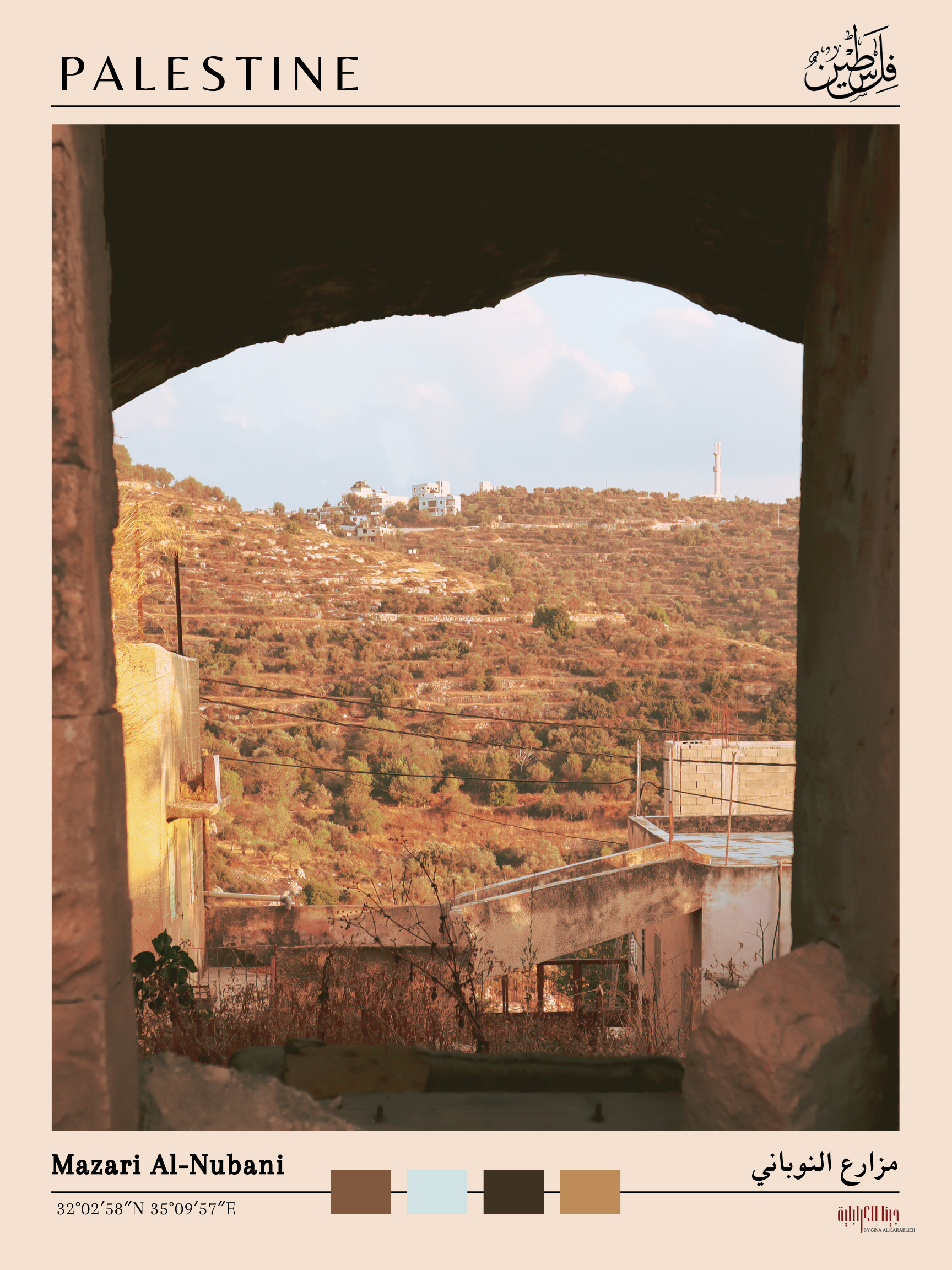 View of a rural landscape in Palestine with hills, vegetation, and buildings in the distance; labeled Mazari Al-Nubani, coordinates 32°02′58″N 35°09′57″E. Photo by Gina Al-Karablieh.