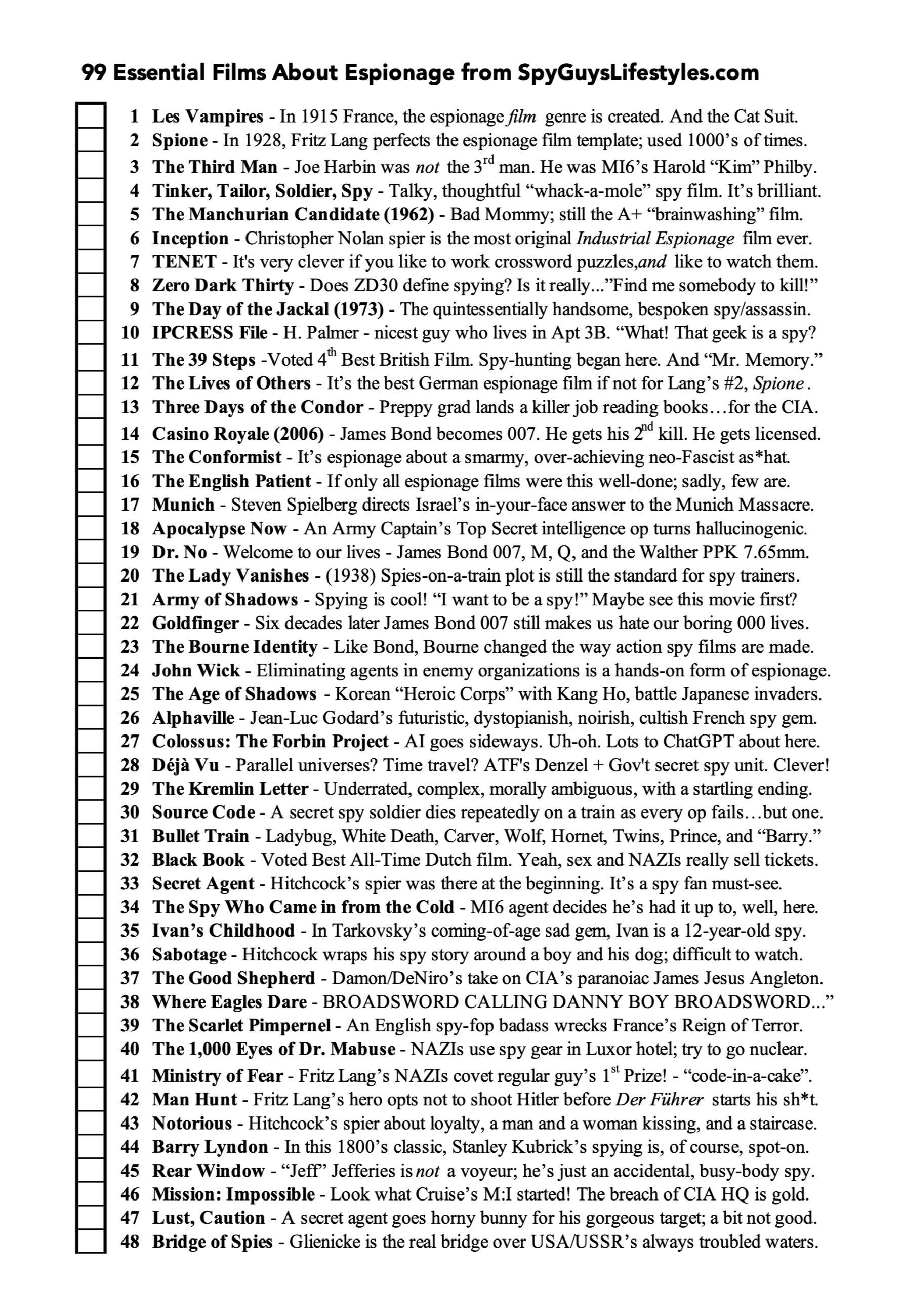 Click on list to open a printable pdf of Hayden's 99 Essential Espionage Movies.