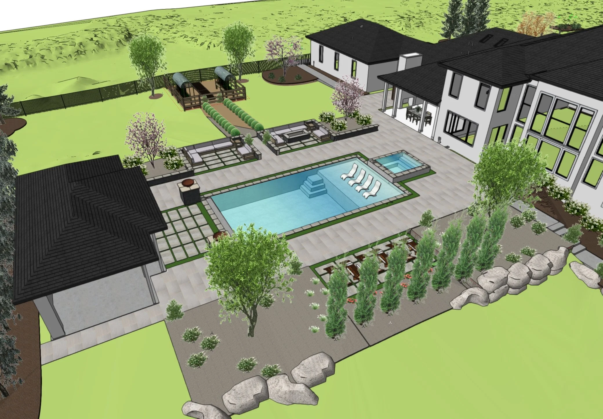 A modern backyard with a swimming pool, hot tub, lounge chairs, a patio, trees, and landscaped garden area.