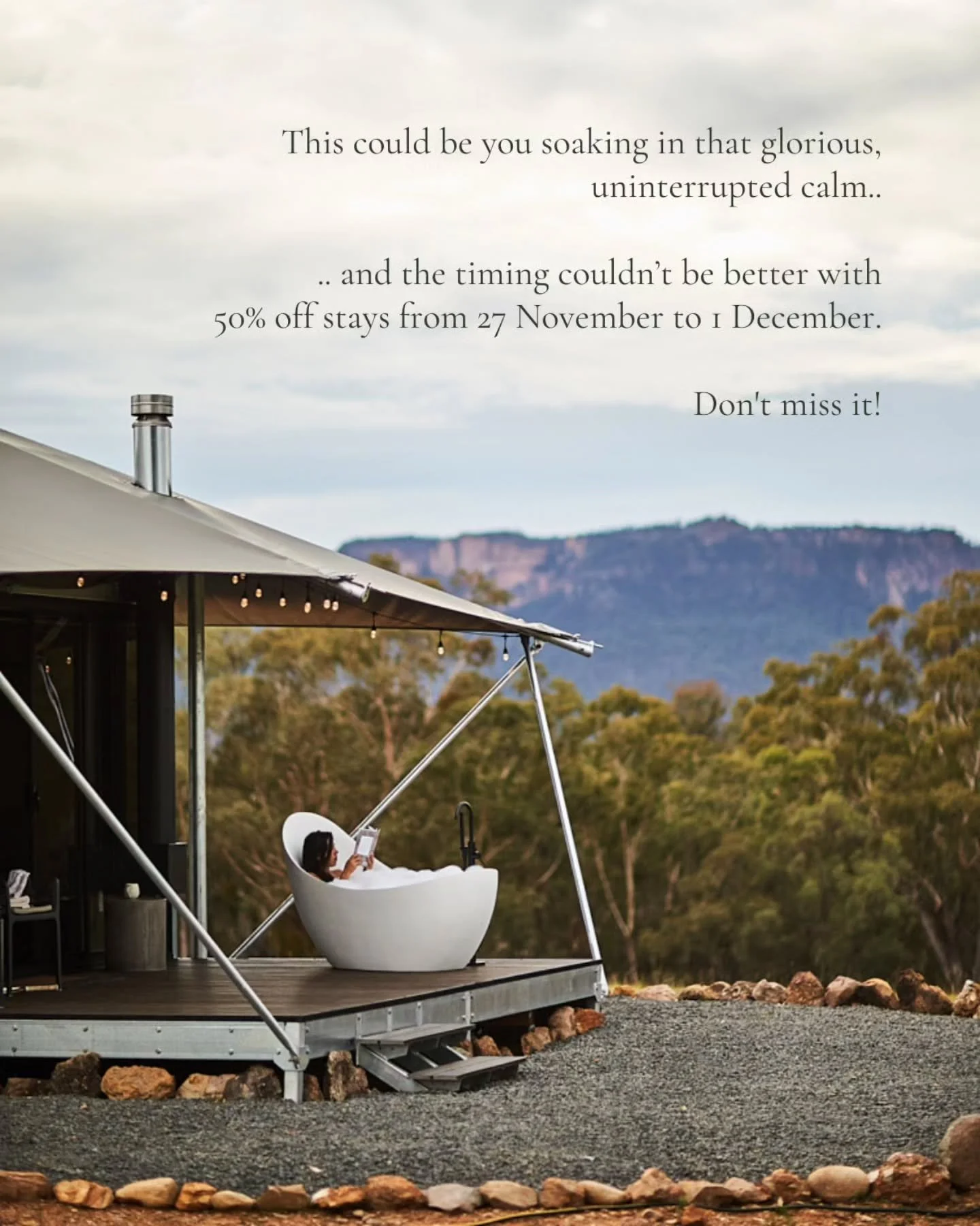 Black Friday getting a bit much? Let&rsquo;s step away from the rush and opt out of the noise.

This cyber weekend only, enjoy 50% OFF all stays at Wildnest: Farmstay or Wilderness. Book between 27 November - 1 December for a minimum 2-night escape.
