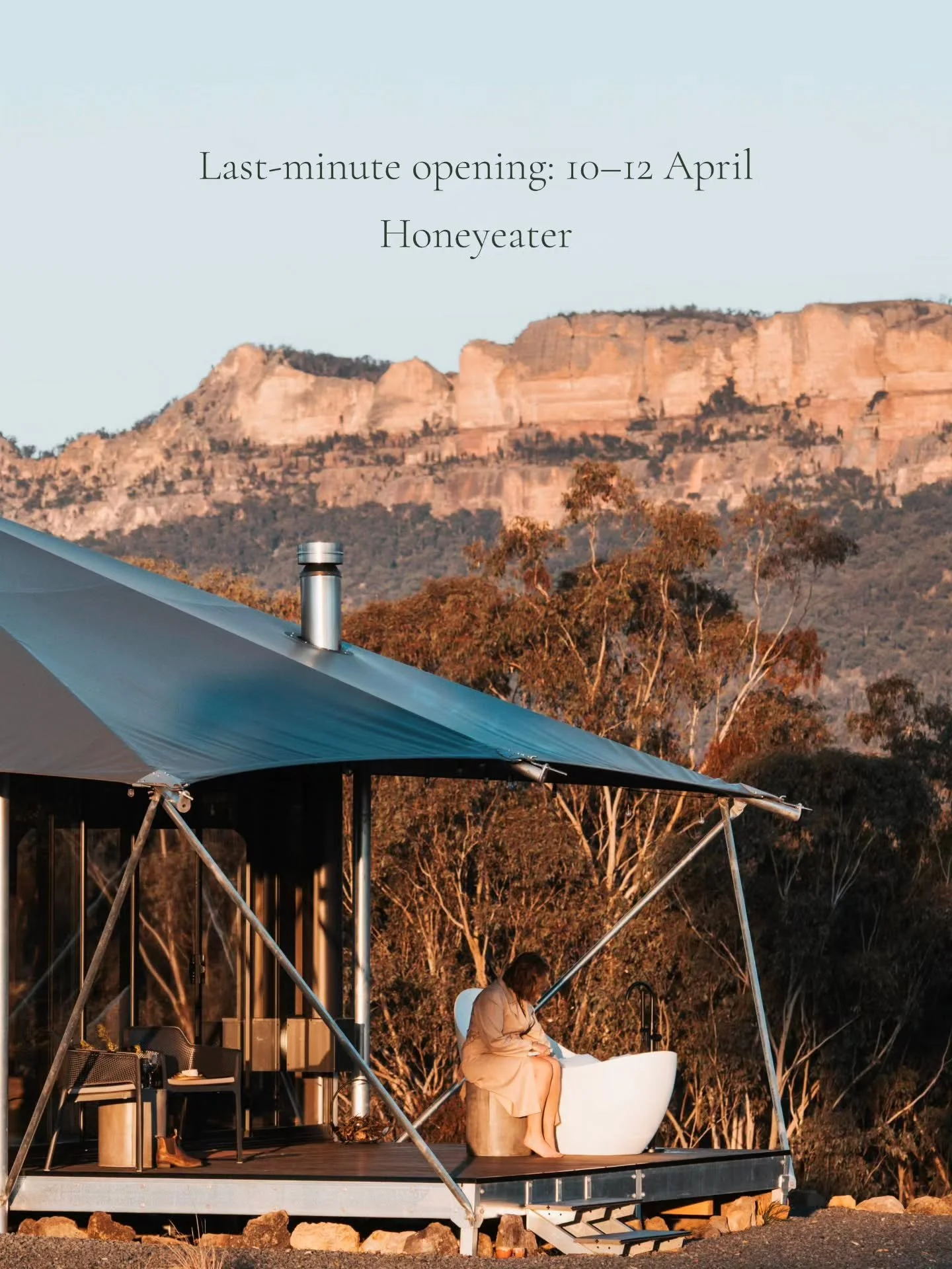 Honeyeater has unexpectedly opened from 10-12 April, offering a couple of restful nights in the most priceless setting. Wake to sunlight streaming into your tent, spend afternoons wandering the valley, and end your days by the fire under the stars.

