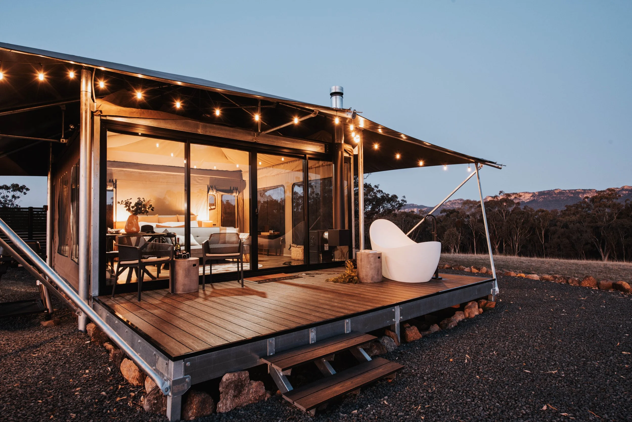 Luxury glamping tent at Wildnest Farmstay in Capertee Valley.