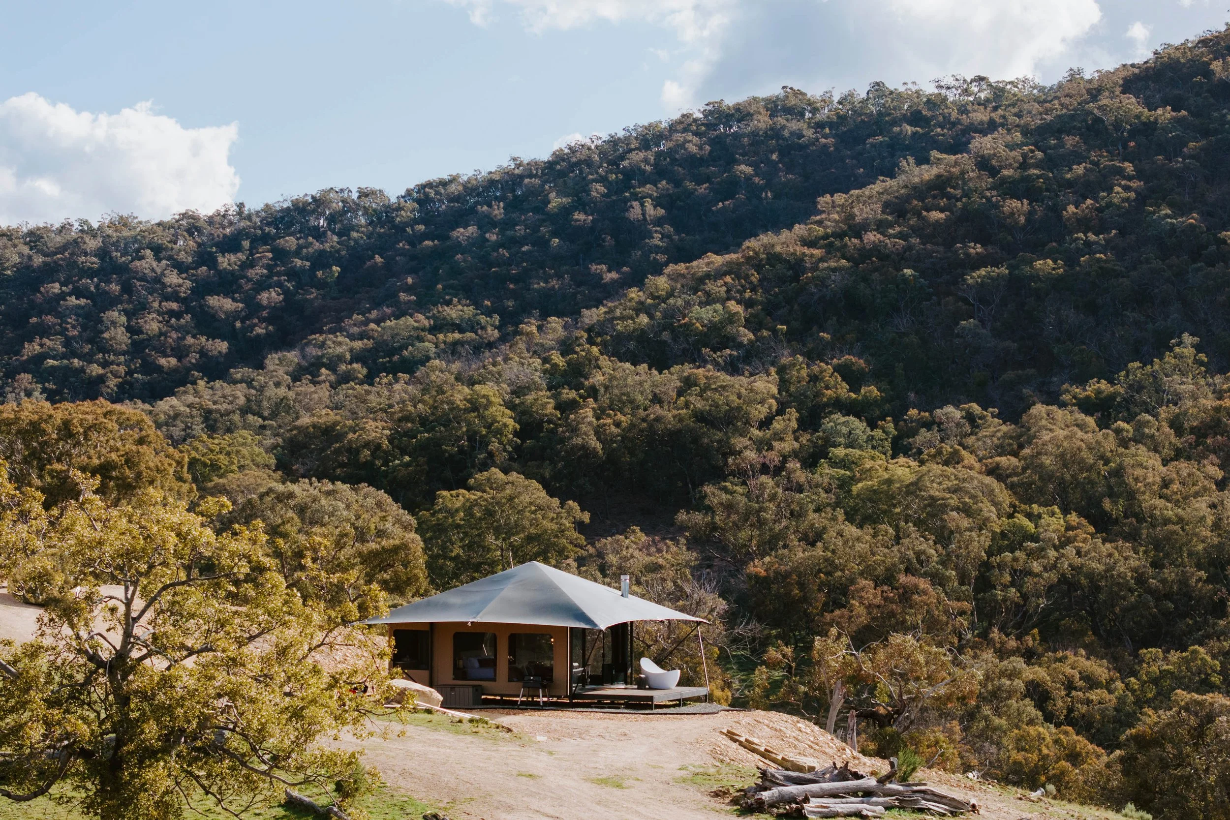 Wilderness Glamping Tent surrounded by native bushland at Wildnest Wilderness