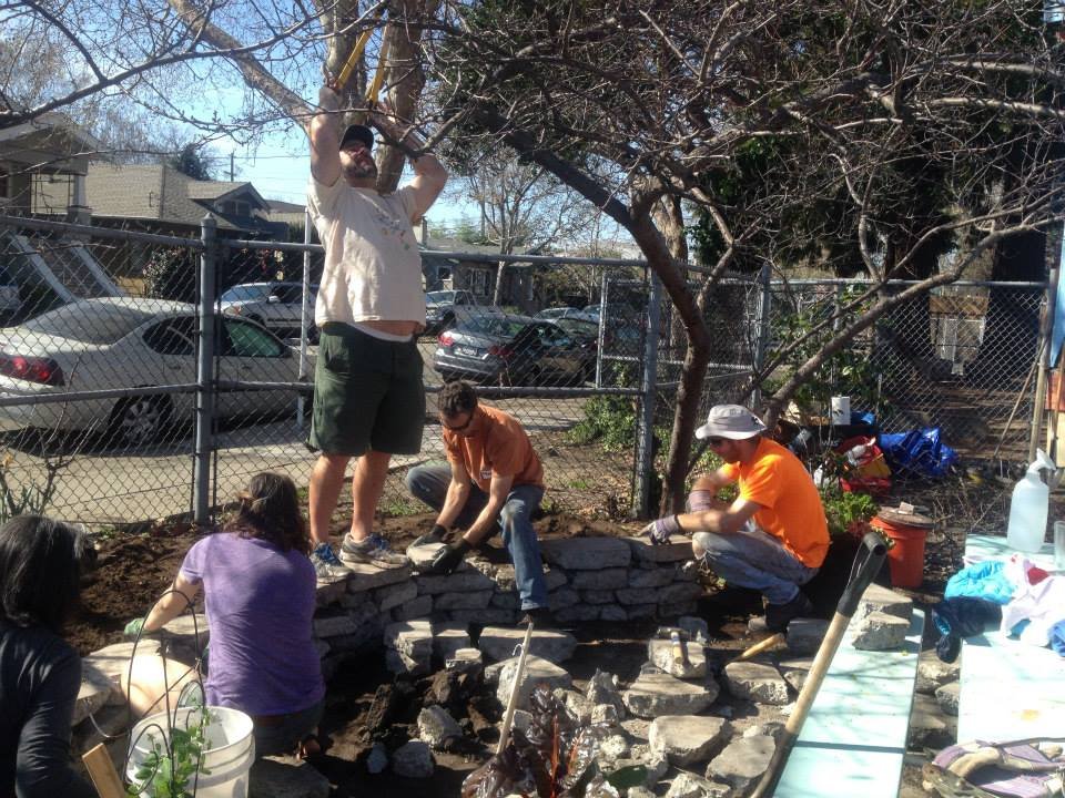 Some of the larger projects that the volunteers have accomplished were: pruning, sheet mulching, the clean up and dumping of green waste moving truckloads of compost, and building an urbanite retaining wall. ~2014