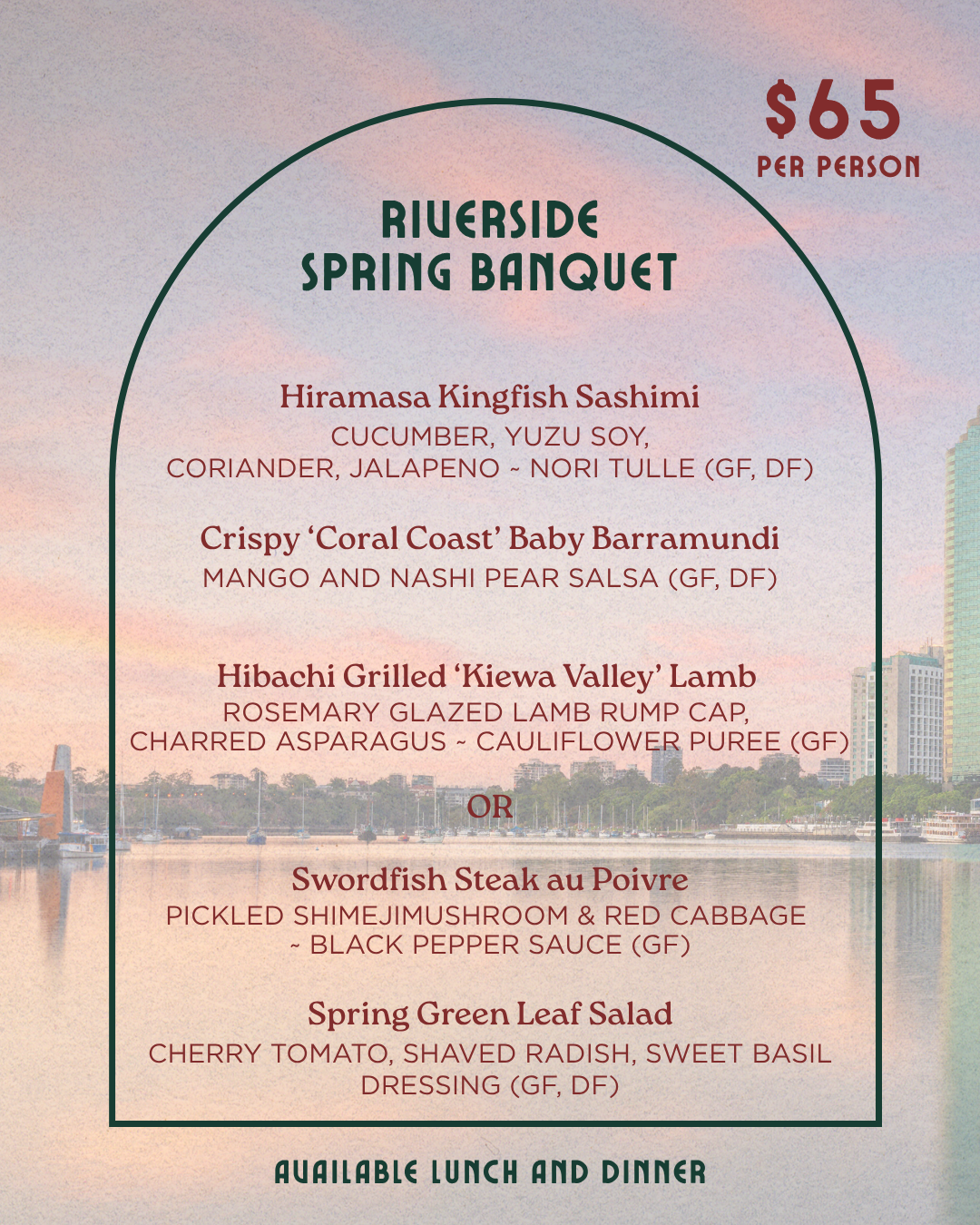 Riverside Spring Banquet menu — Hiramasa kingfish sashimi, crispy baby barramundi, hibachi grilled lamb or swordfish steak au poivre, Tillerman Brisbane