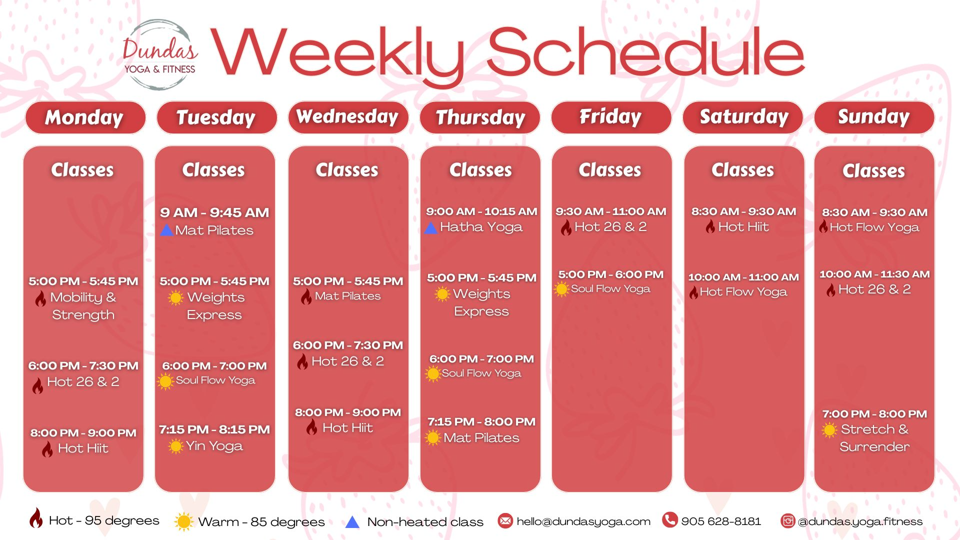 Weekly yoga and fitness class schedule for Dundas Yoga & Fitness, with classes listed for each day of the week, including time, class name, and icons indicating class type and temperature.
