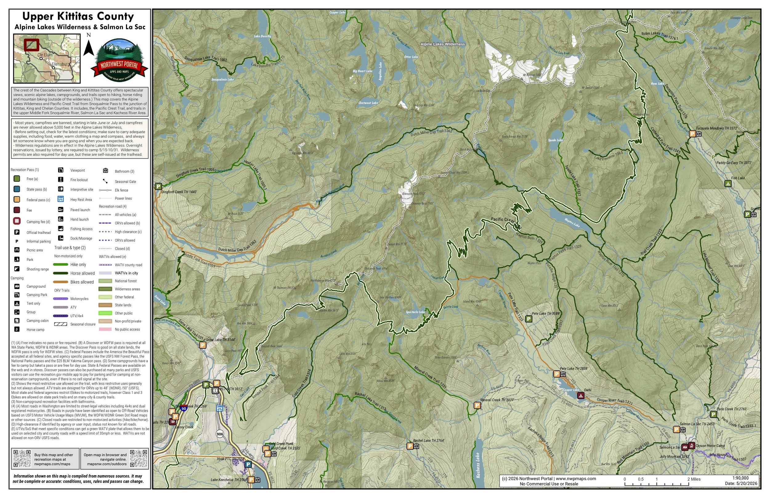 Map of trails in the Alpine Lakes Wilderness north of Snoqualmie Pass