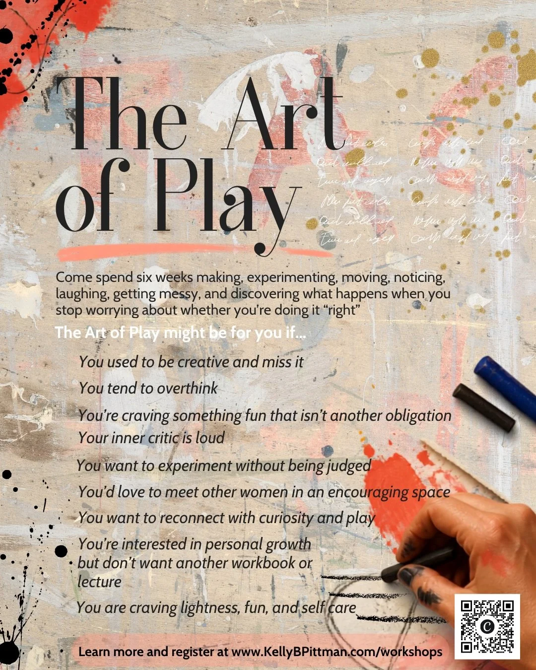 You don&rsquo;t need another thing to accomplish. You need somewhere to make something ugly. Try something new. Get paint on your hands. Laugh. Move. Notice. Stop overthinking for a minute.

You need to play.

The Art of Play is a six-week creative e