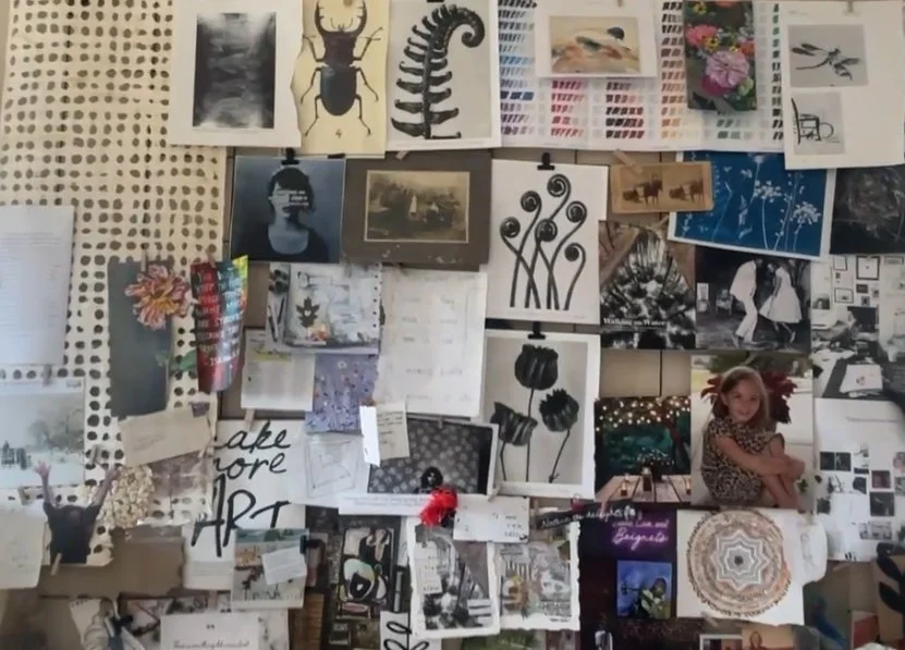 A collage of various photographs, sketches, and clippings pinned to a board, including flowers, animals, people, and abstract designs.
