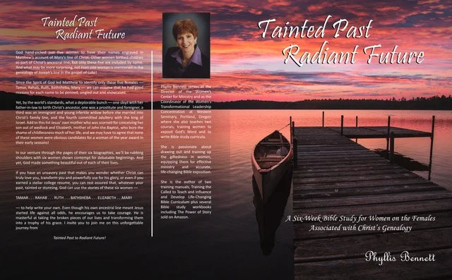 Book cover of 'Tainted Past Radiant Future' by Phyllis Bennett, featuring a sunset over a lake with a dock and boat, and text about a six-week Bible study for women.