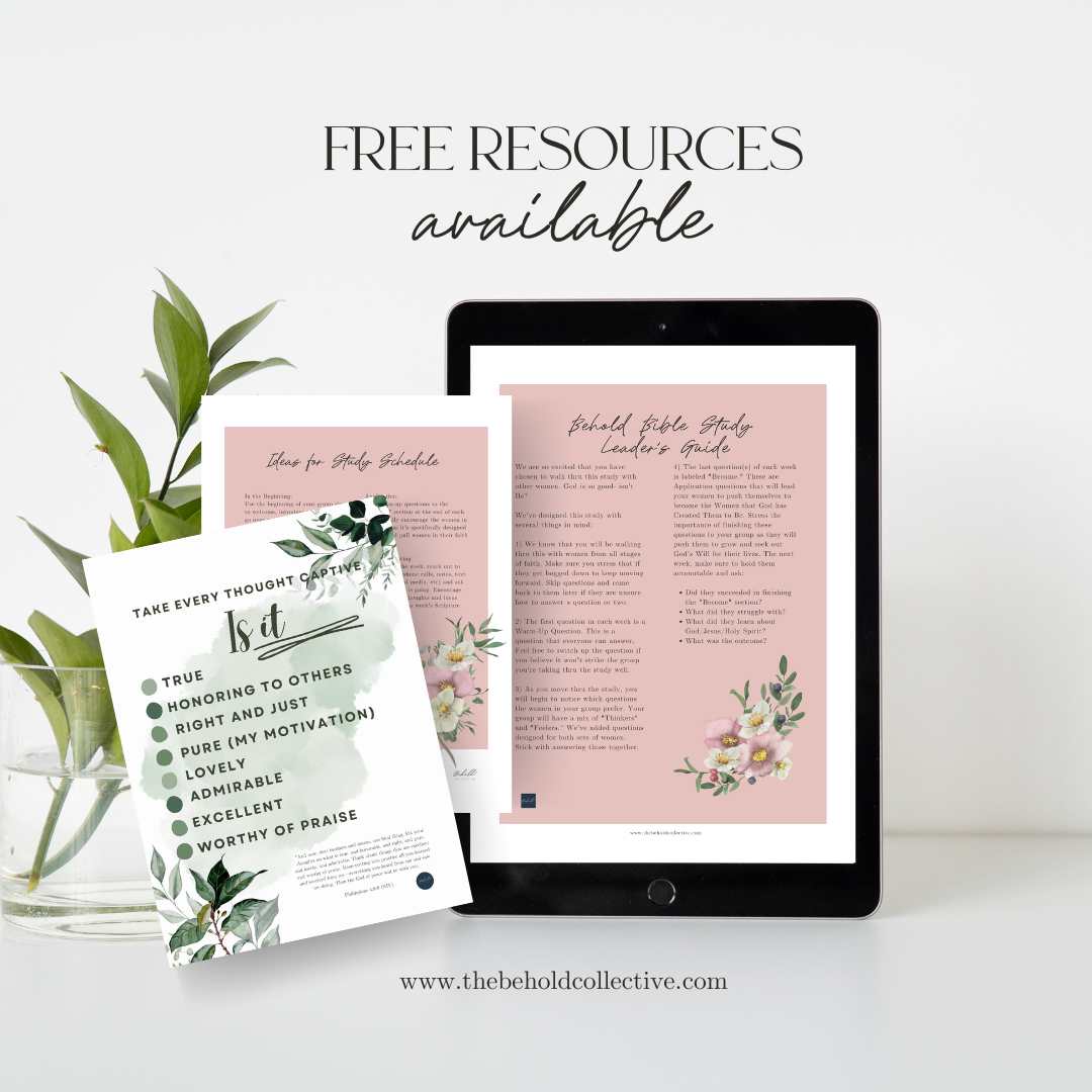 Promotional image for free resources, featuring a tablet with a guide, a card with motivational text, and decorative flowers on a white surface. Website: thebeholdcollective.com.