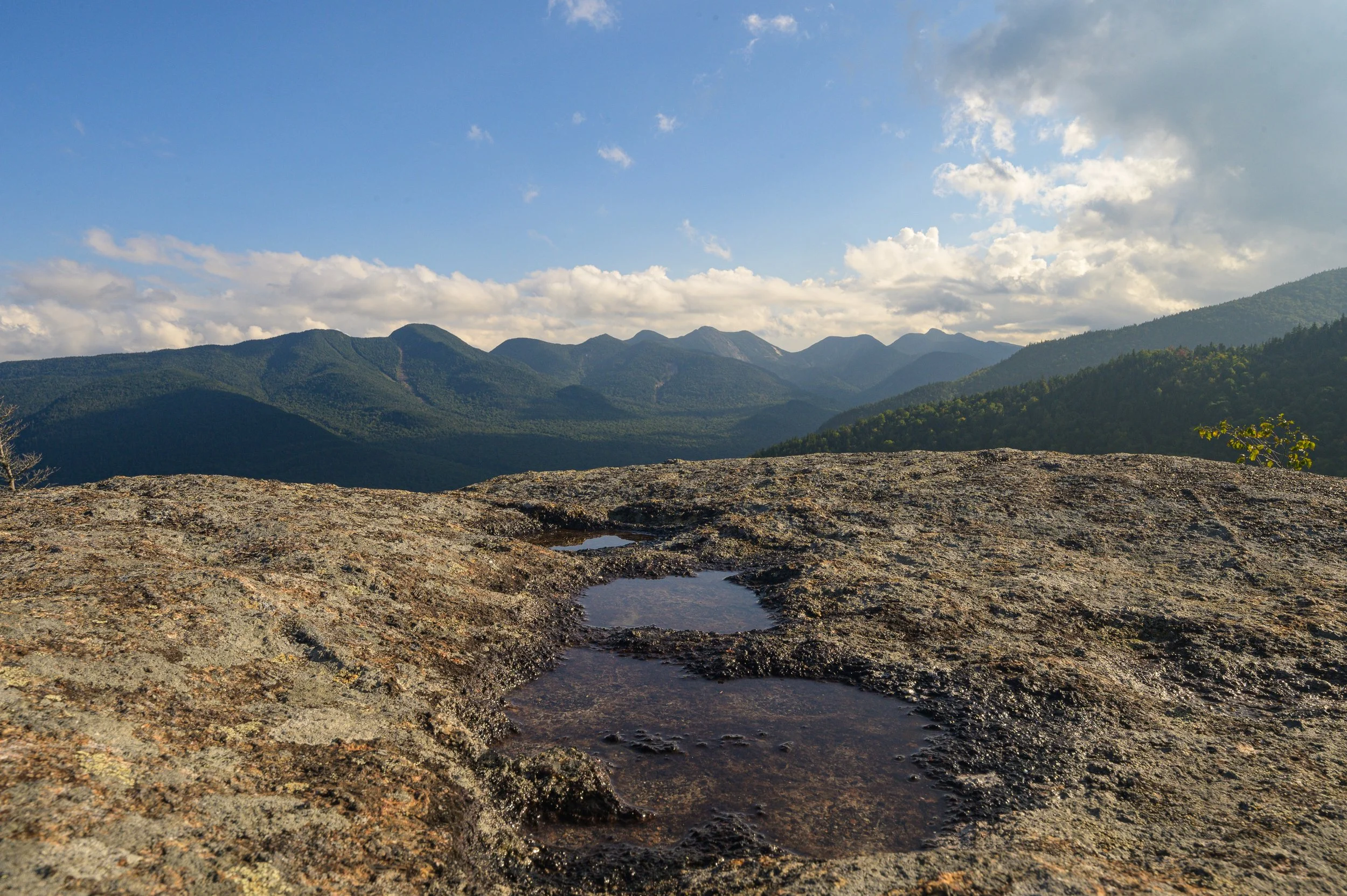 Mountainous landscape with rocky foreground and distant tree-covered peaks under a blue sky with clouds.
