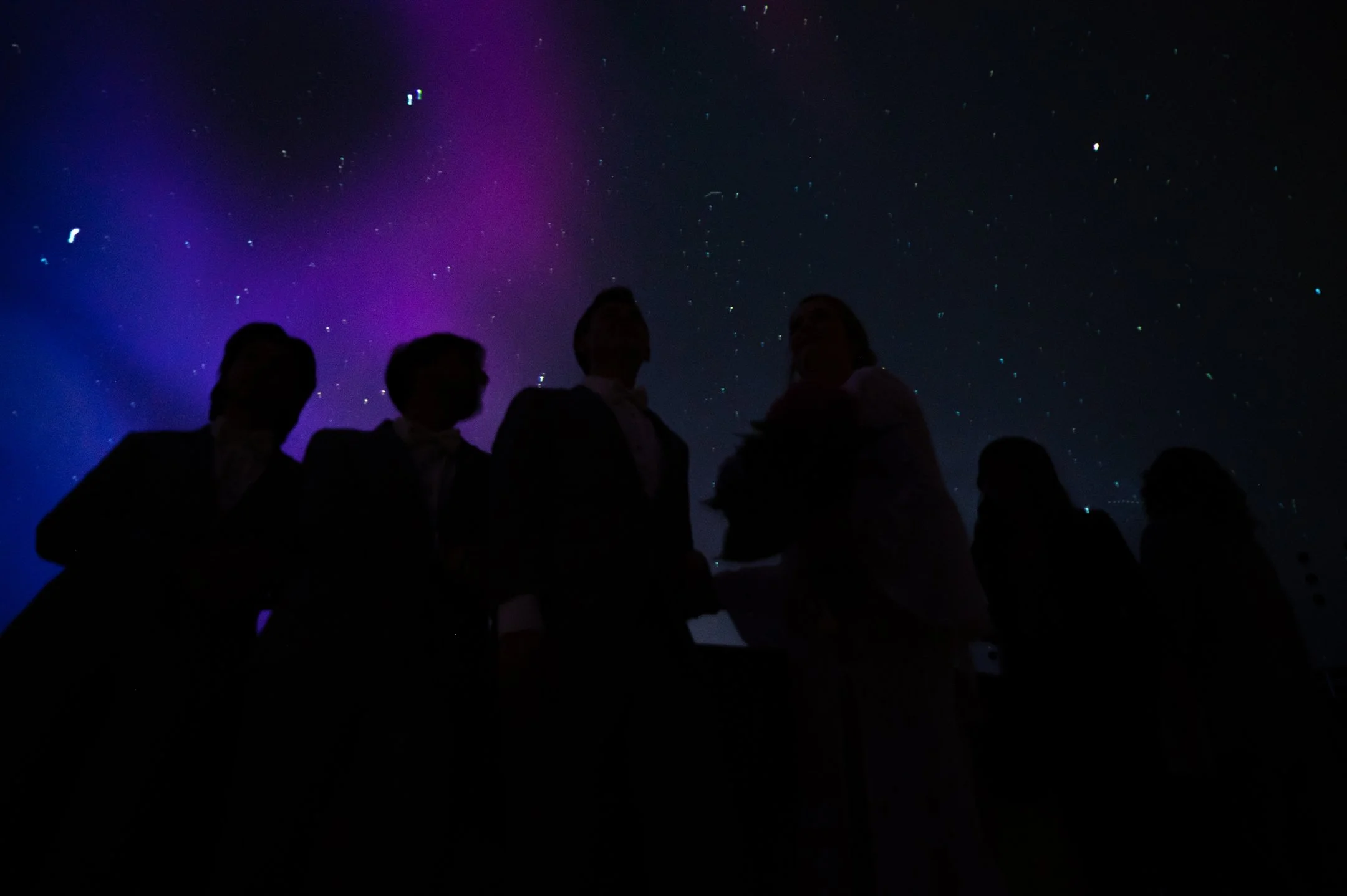 Silhouetted people against a night sky with purple and blue aurora borealis.