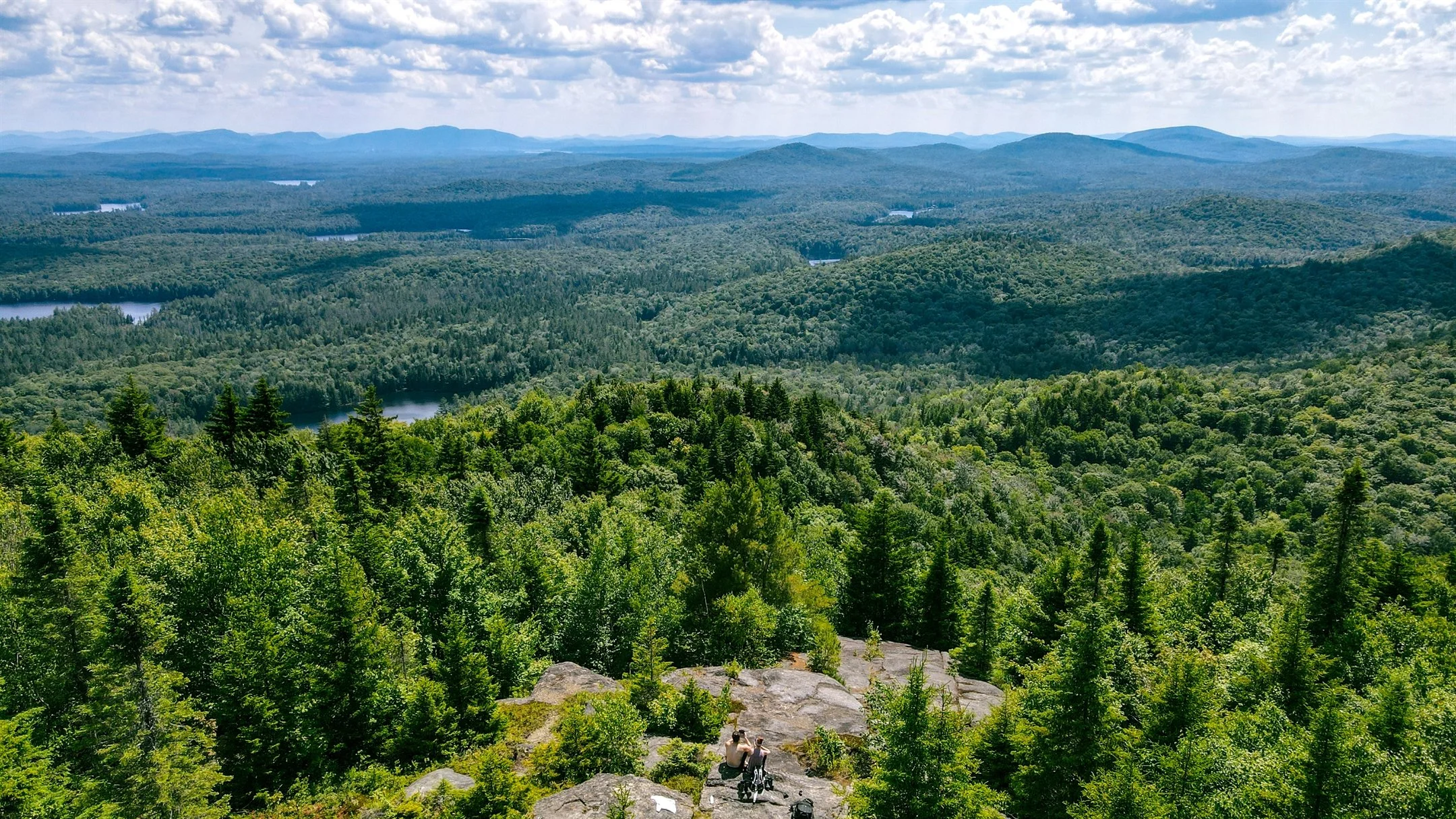 Aerial view of a lush green forest with mountains in the distance and partly cloudy sky overhead, including a few lakes visible among the trees.