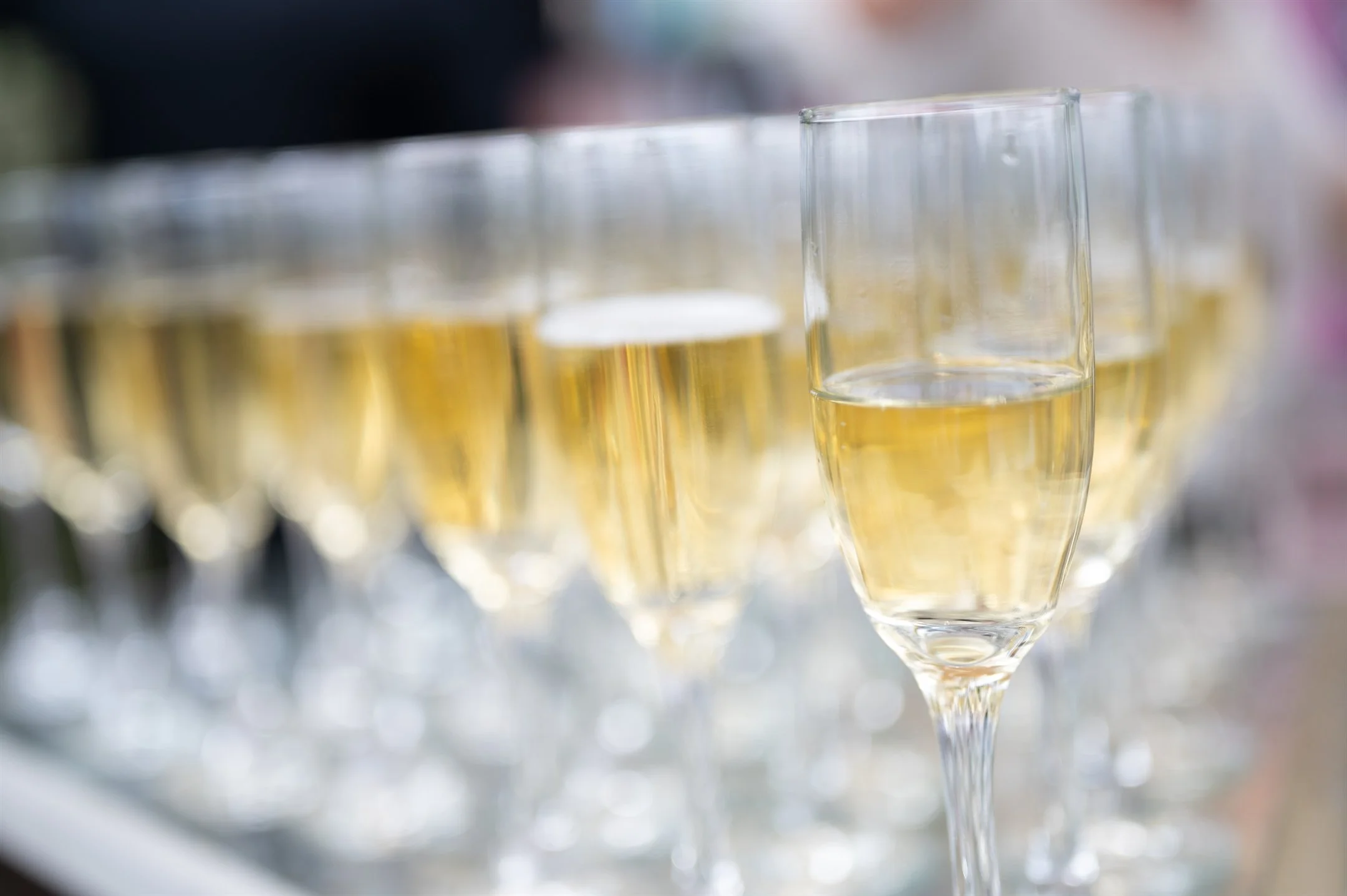 Close-up of several glasses of champagne arranged in a row, creating a festive atmosphere.