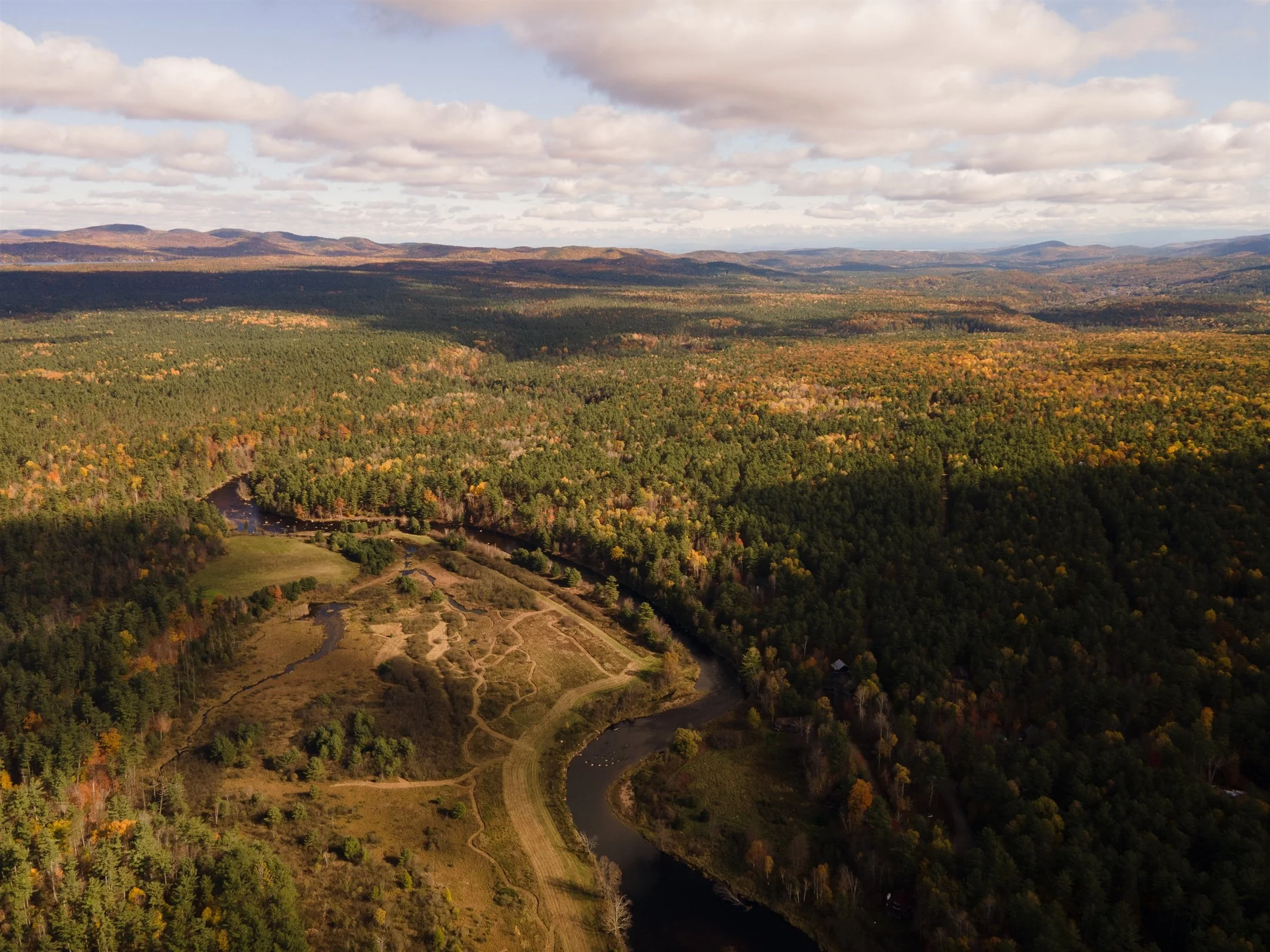 Aerial view of a vast forest landscape in early autumn with a winding river and scattered clouds in the sky.