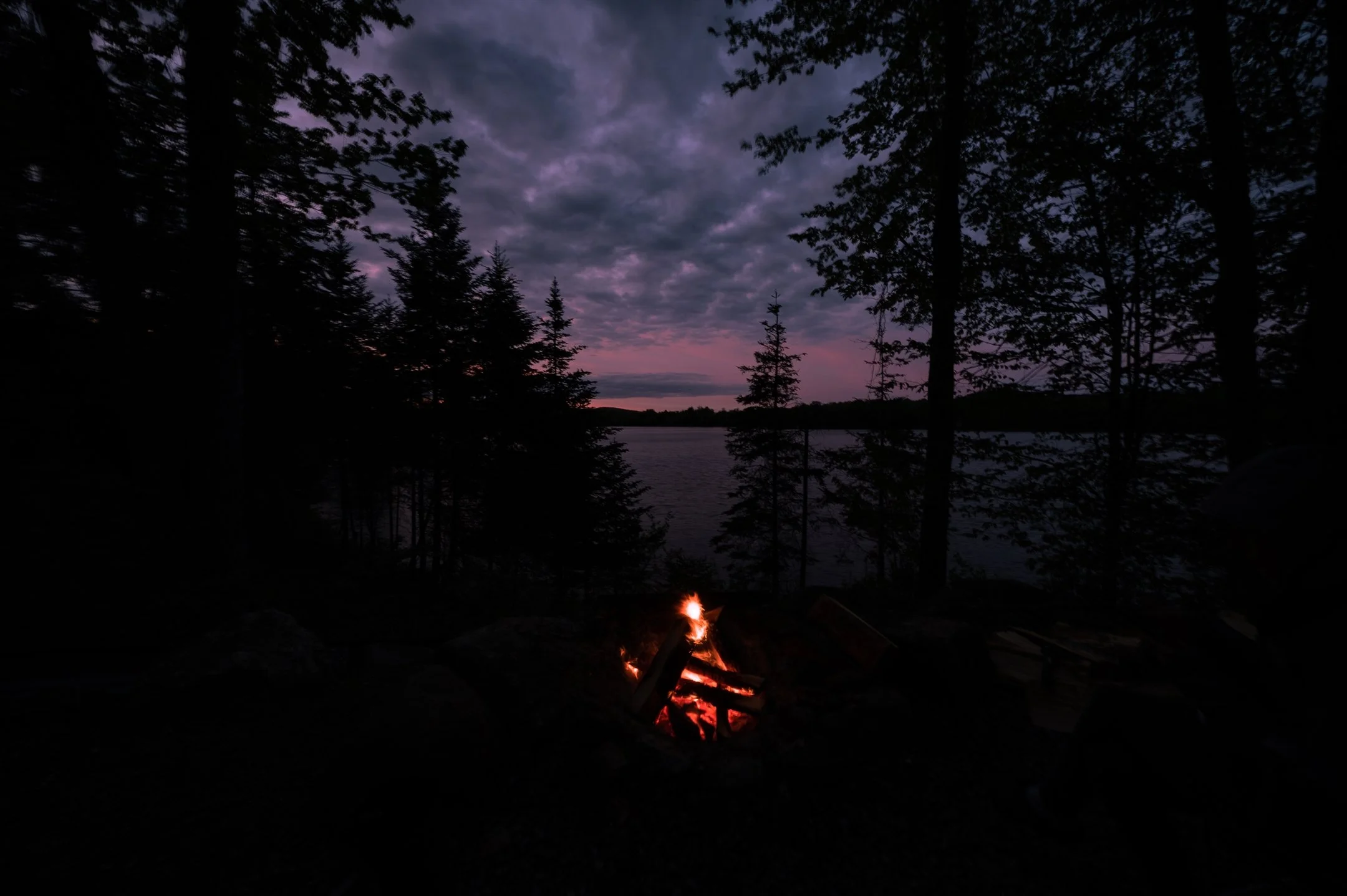 Campfire at dusk by a lake, surrounded by trees.