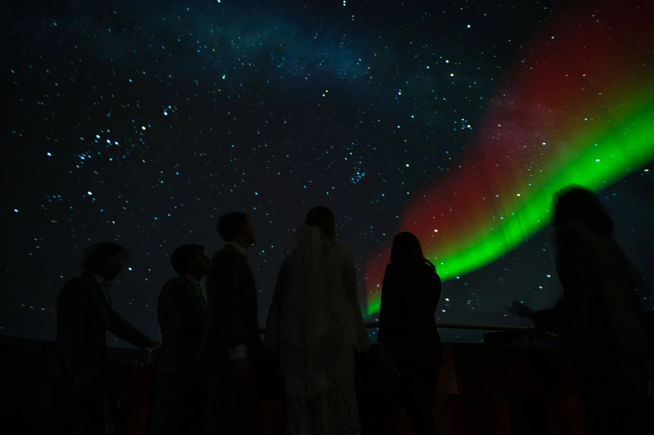 Silhouettes of people watching the Northern Lights and stars in the night sky.