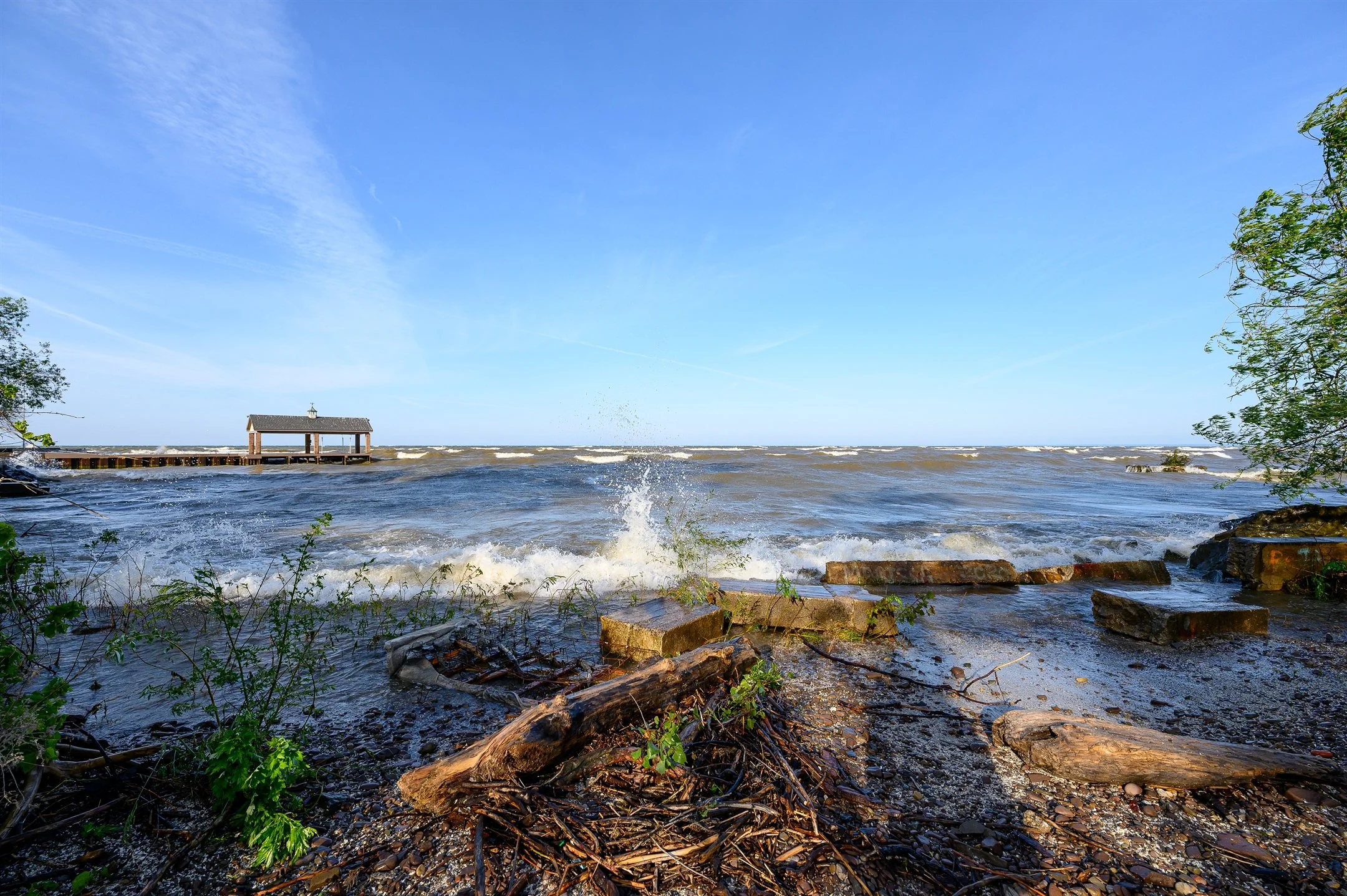 Waves crashing on a rocky shore with a wooden pier in the background, framed by green foliage under a clear blue sky.