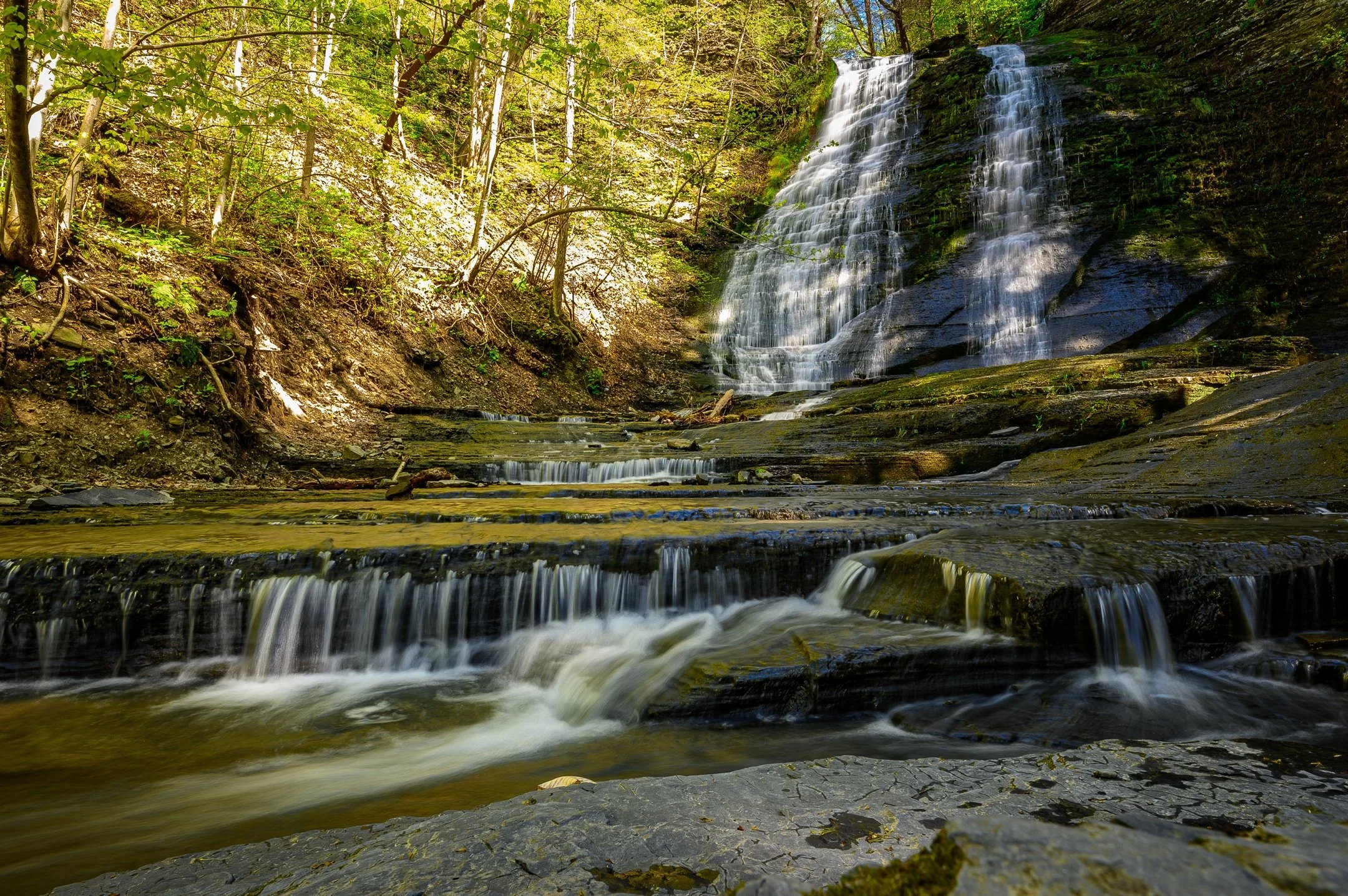 A scenic waterfall cascading over layered rocks in a forested area with green trees and sunlight filtering through the leaves.