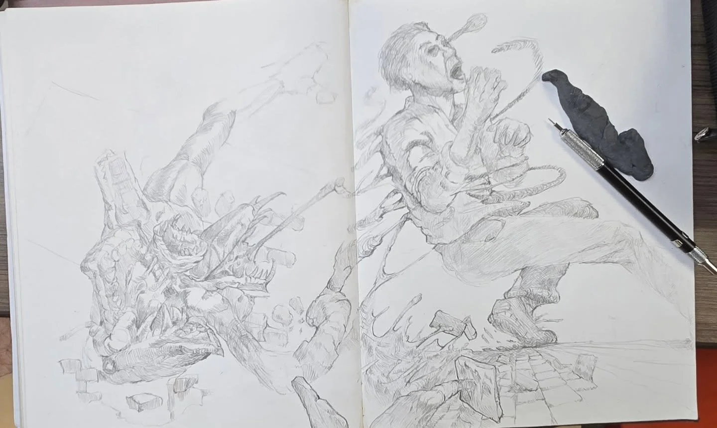 A little bit of lunch sketching. This started as a head then added the body later. I wanted to see the monsters behind the scenes so I added them later. This is in my sketchbook