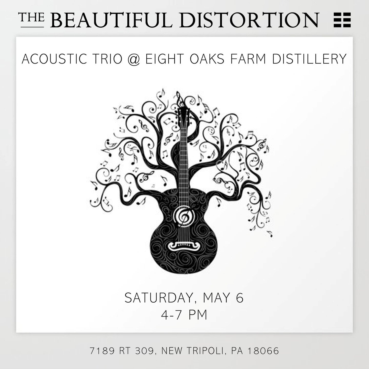 Karen/Amy/Dave acoustic @ @eightoaksdistillery this Saturday, May 6 from 4-7 PM! Harmonies as delicious as the food and drinks! It's going to be a beautiful day... come hang!

Artwork credit: AnnArtshock