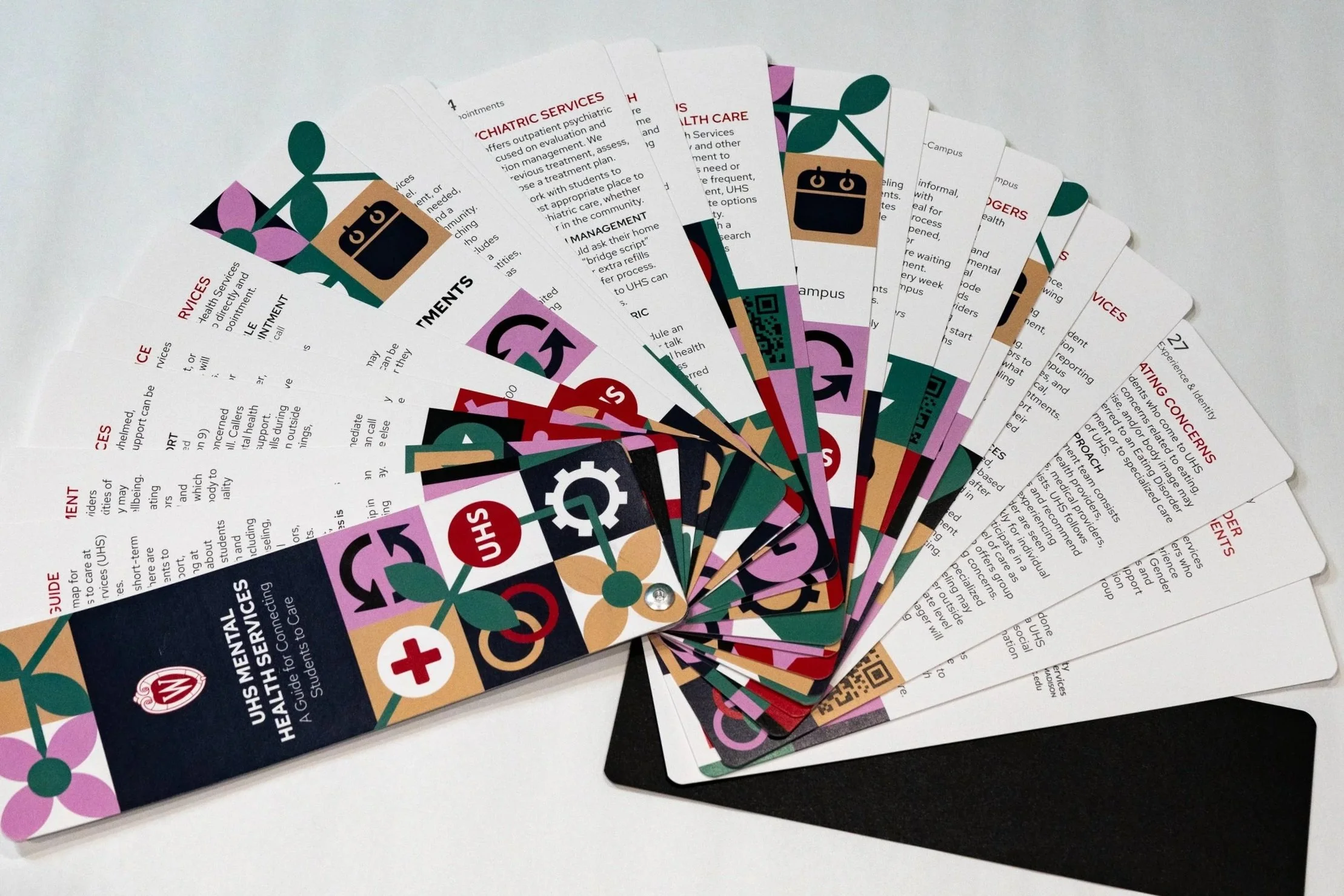 Fan deck with title page reading UHS Mental Health Services, a guide to connecting students to care.