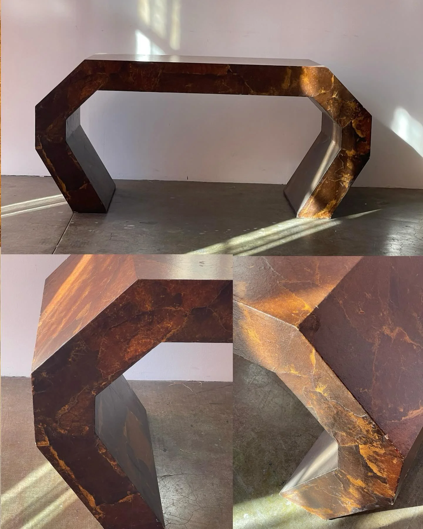 AVAILABLE : Vintage Table / Desk with Faux Finish features a very cool tortoise shell like finish. Some chips along edges and patina to finish. 

DIMENSIONS
66.75&rdquo;&rsquo;w x 24&rdquo;d x 30.75&rdquo;h
38&rdquo; between legs
24.75&rdquo; clearan