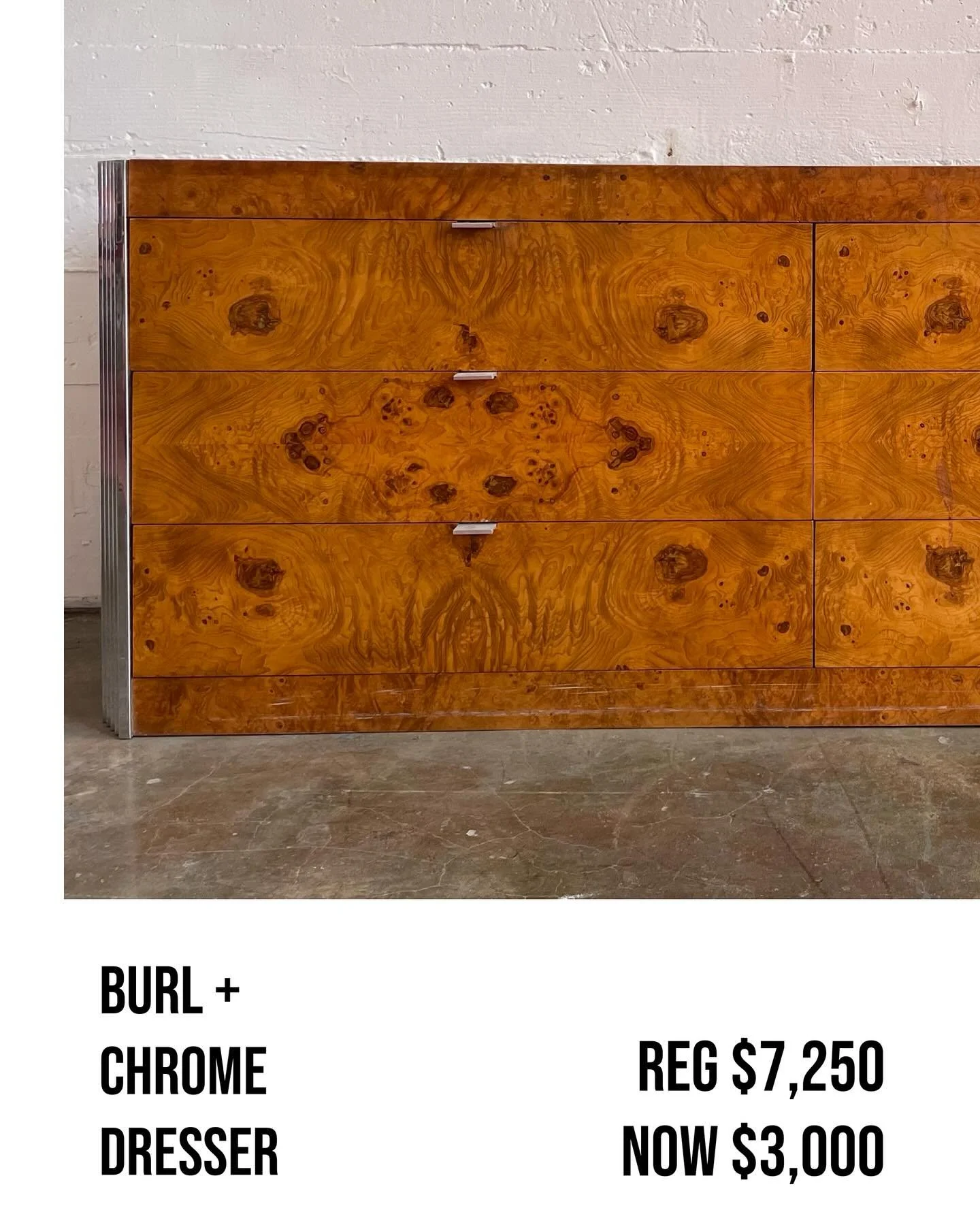 &ldquo;Skyscraper&rdquo; Burled Elm and Chrome 6-Drawer Dresser, in the style of Milo Baughman (unsigned), c. 1970s. Some damage to wood, mostly along the bottom edges and back corner, please see pictures for details. These are rare to come by and ty