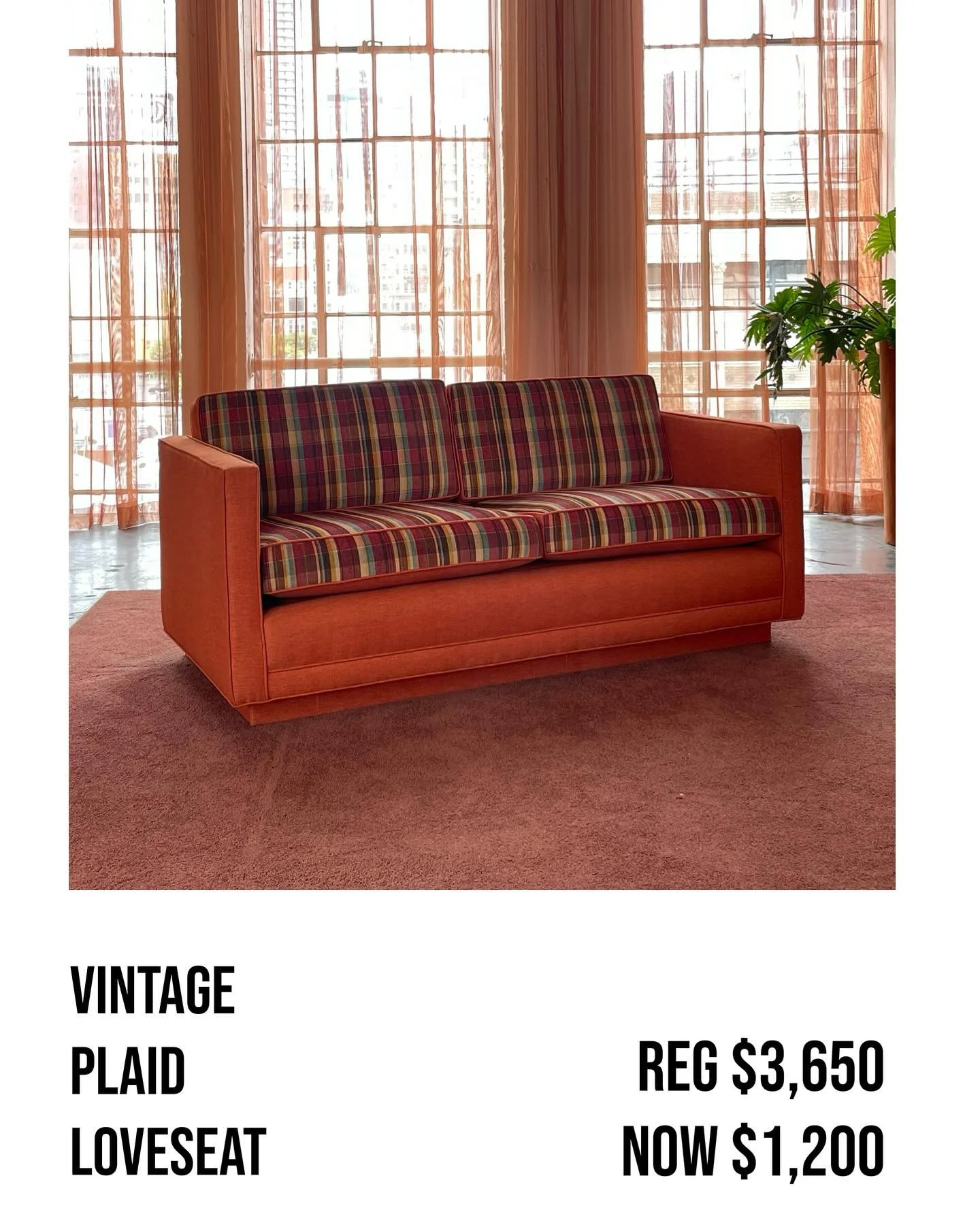 Mid-century loveseat with new upholstery. The frame fabric is Metaphor in Sunrise (Maharam), while the seat and back cushion fabrics are plaid (Kravet) and reverse to solid. 

*** DIMENSIONS ***
- 72&rdquo;w x 34&rdquo;d x 35&rdquo;h
- seat: 20&rdquo
