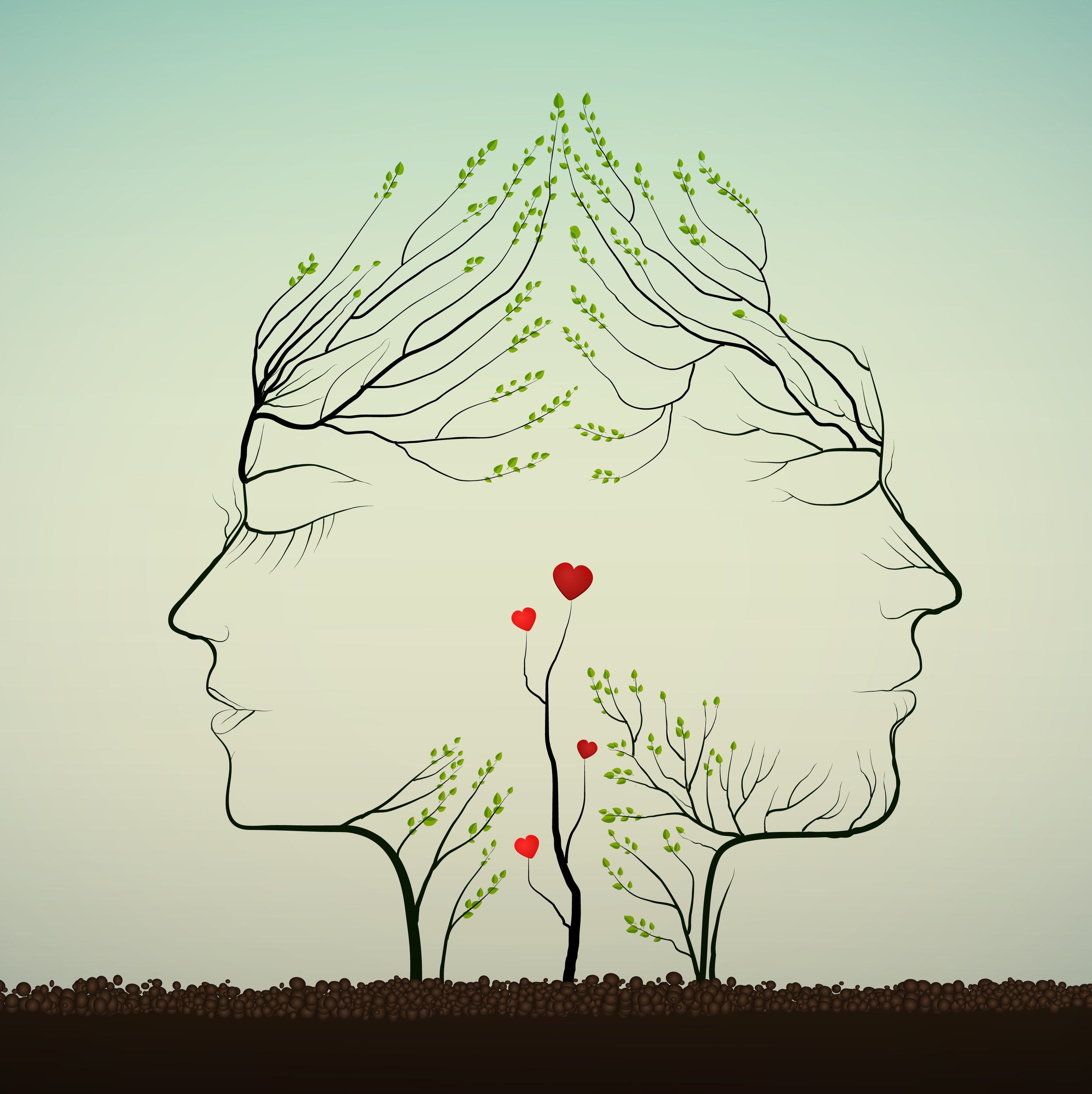 Couple of people look like tree branches silhouettes with sprouts of red heat, love idea, two profiles