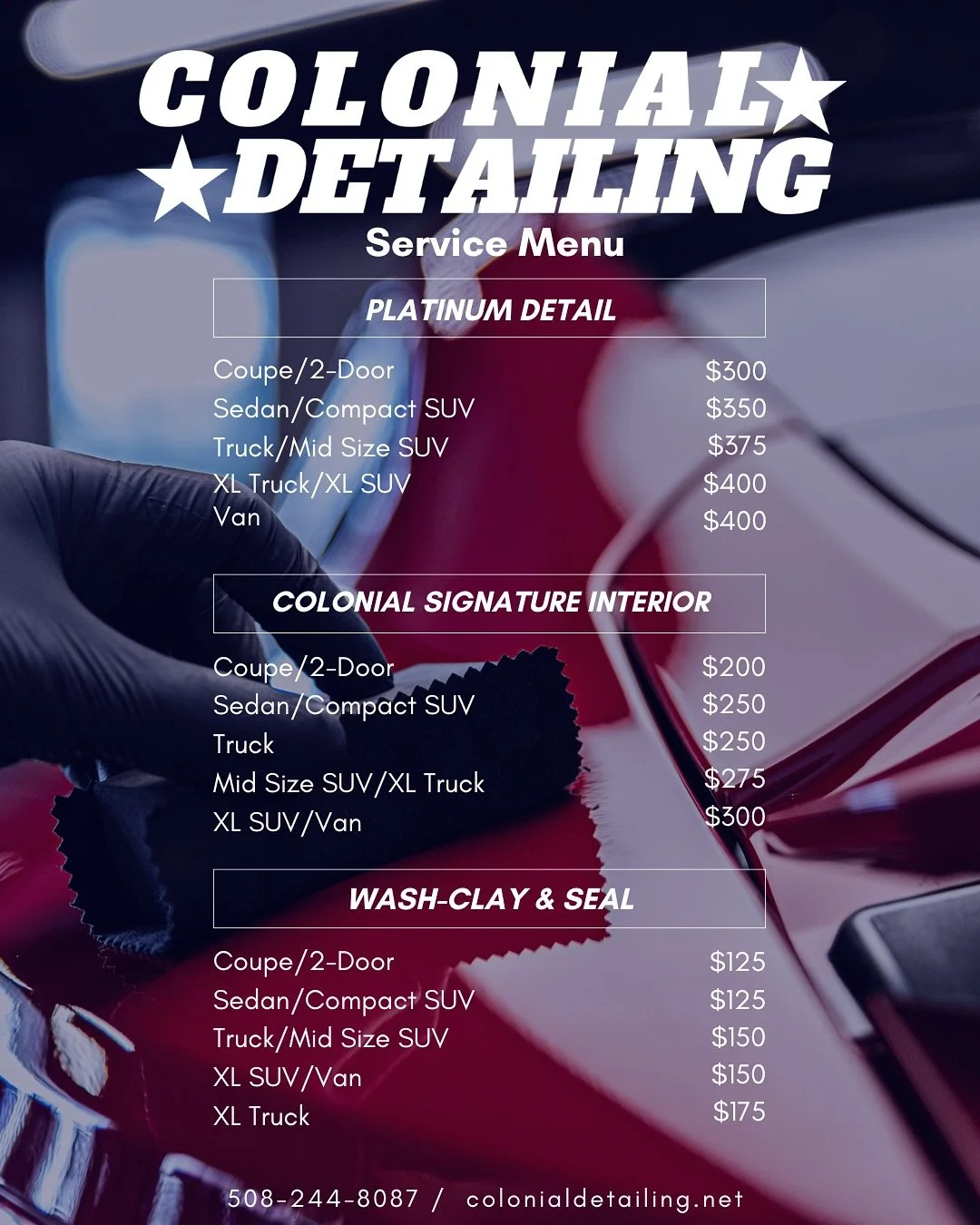 Our updated service menu is officially live 🔥
We are committed to adding value for our clients with services to ensure your investment is clean & protected 🛡️
🧼 Our platinum detail, Colonial signature interior and wash-clay & seal package