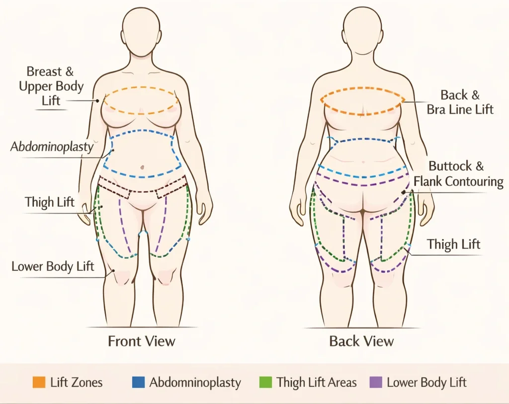 Medical illustration showing post weight-loss surgery body contouring surgical approach zones for comprehensive skin removal and body lift procedures