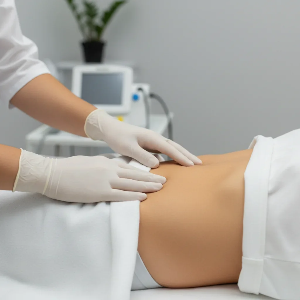Clinician performing a gentle abdominal examination during a post-operative consultation in a clean medical setting.